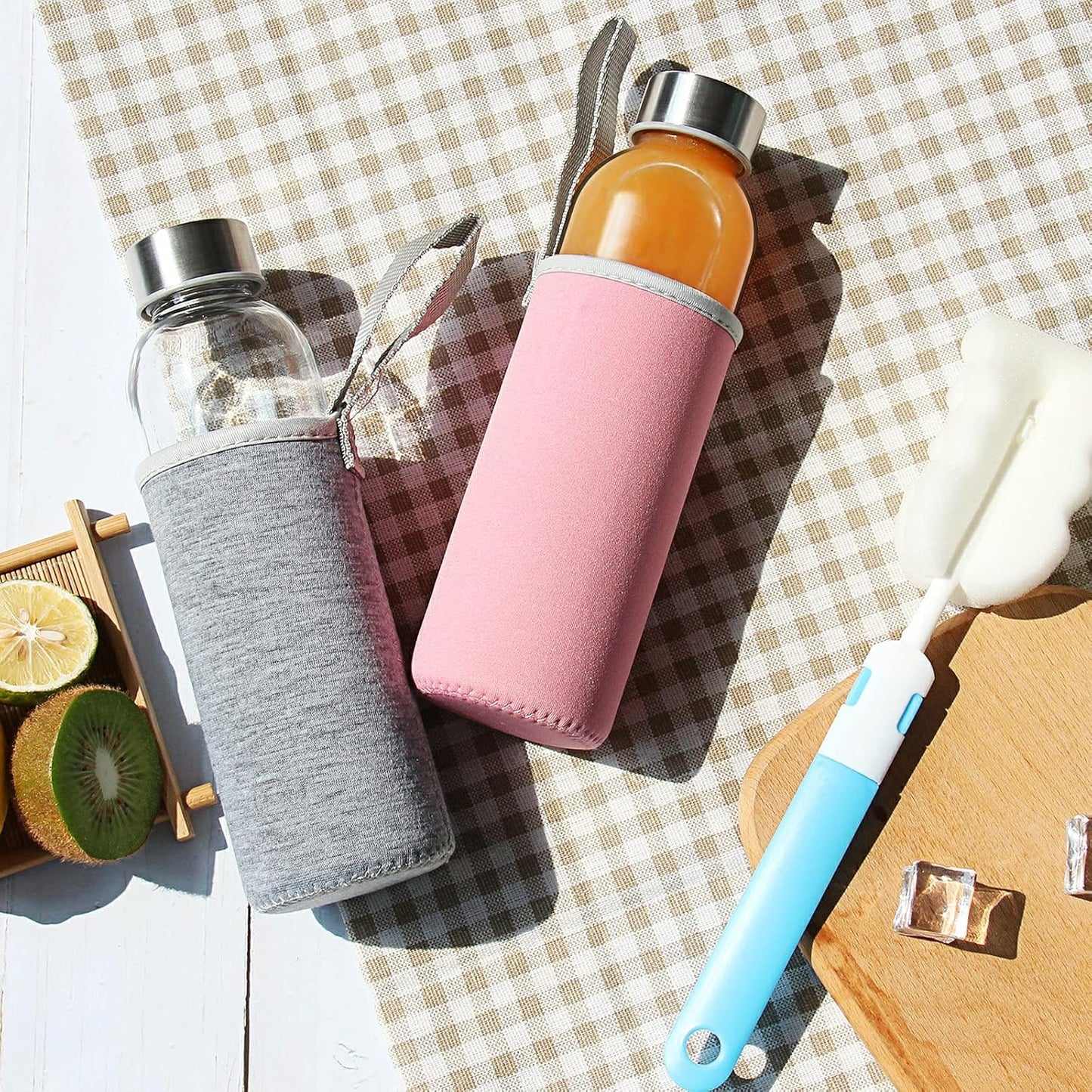 Set of 6 YEBODA 18oz Glass Water Bottles with Stainless Steel Caps and Colorful Nylon Sleeve for Beverages and Juicing