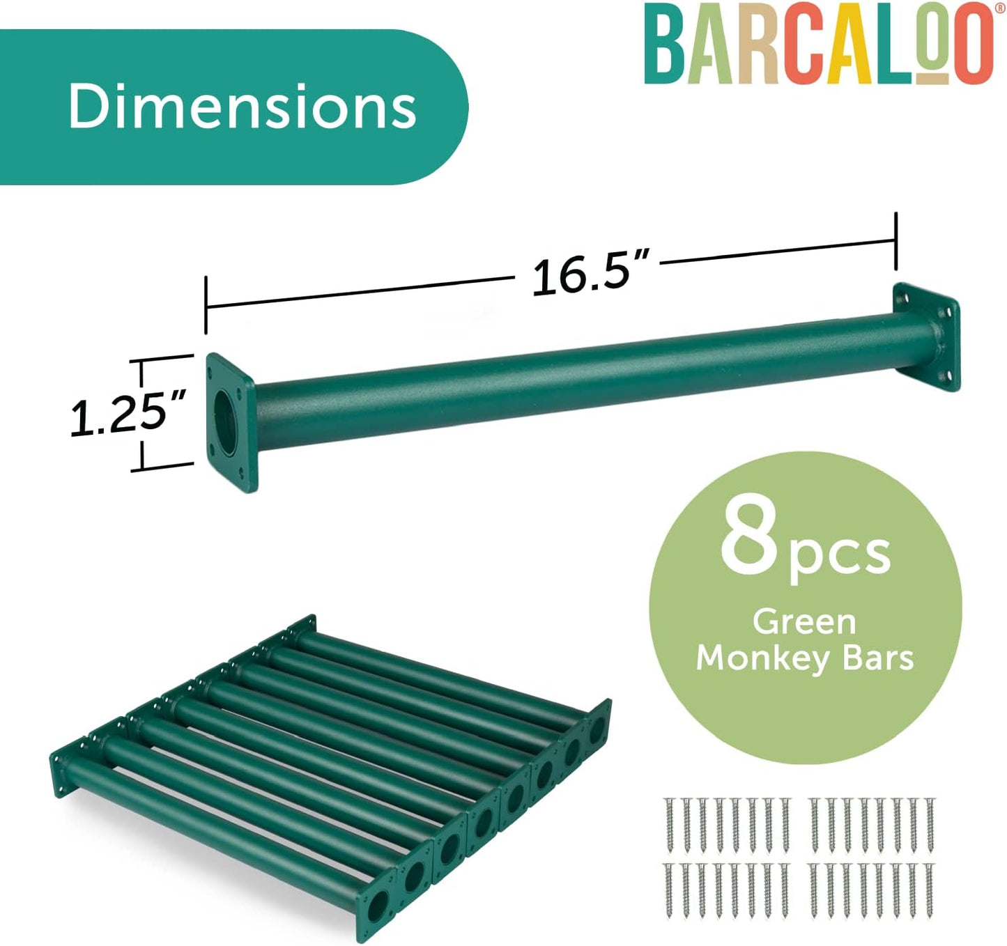 Set of 8 Green Powder Coated Monkey Bars Playset Attachment for Backyard - Indoor Kids Play Equipment with Mounting Plates, 16 1/2 Inches Long