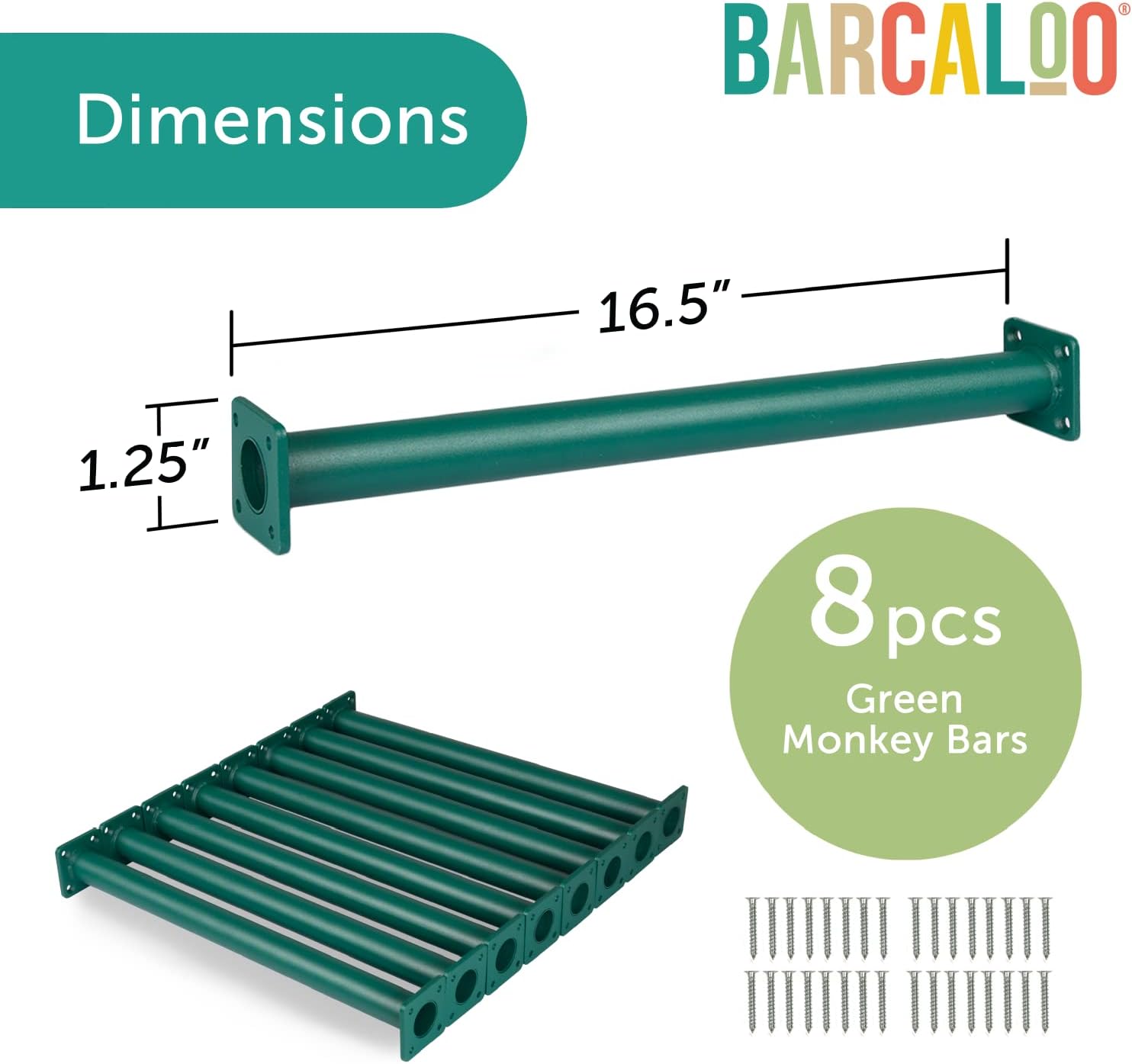 Set of 8 Green Powder Coated Monkey Bars Playset Attachment for Backyard - Indoor Kids Play Equipment with Mounting Plates, 16 1/2 Inches Long