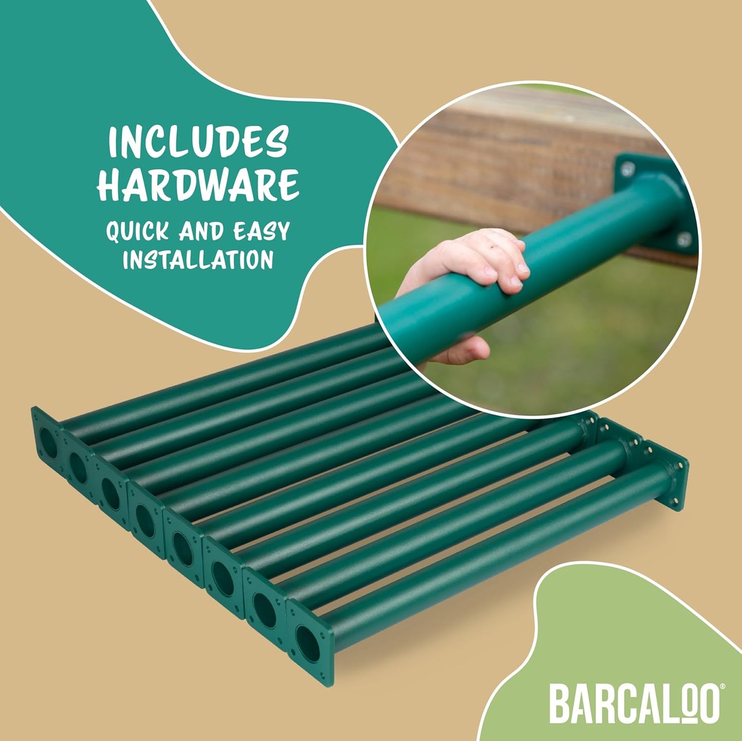 Set of 8 Green Powder Coated Monkey Bars Playset Attachment for Backyard - Indoor Kids Play Equipment with Mounting Plates, 16 1/2 Inches Long