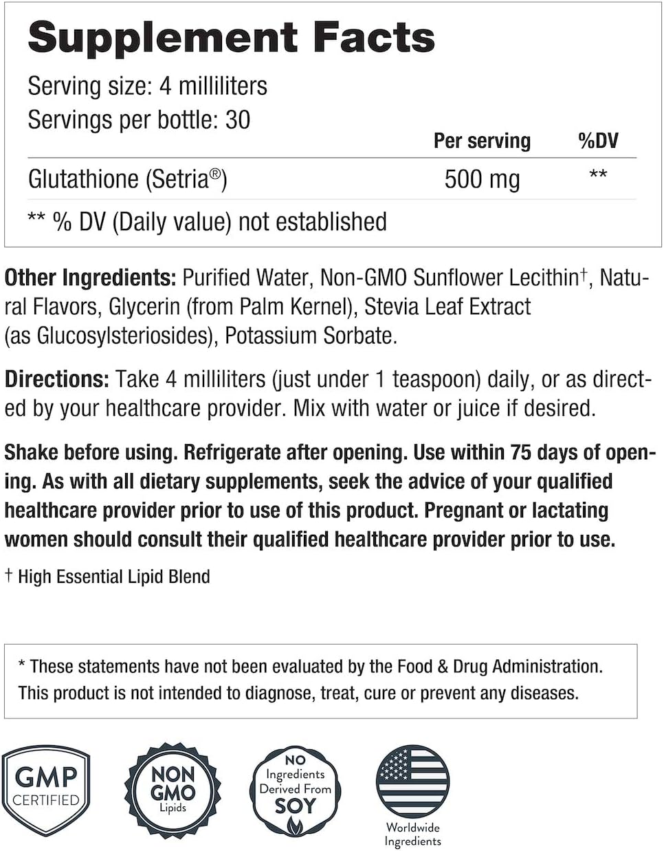 Setria Liposomal Glutathione Antioxidant Supplement 500mg - Non GMO, Non Soy | Powerful Anti Aging Formula 120ml - 30 Servings