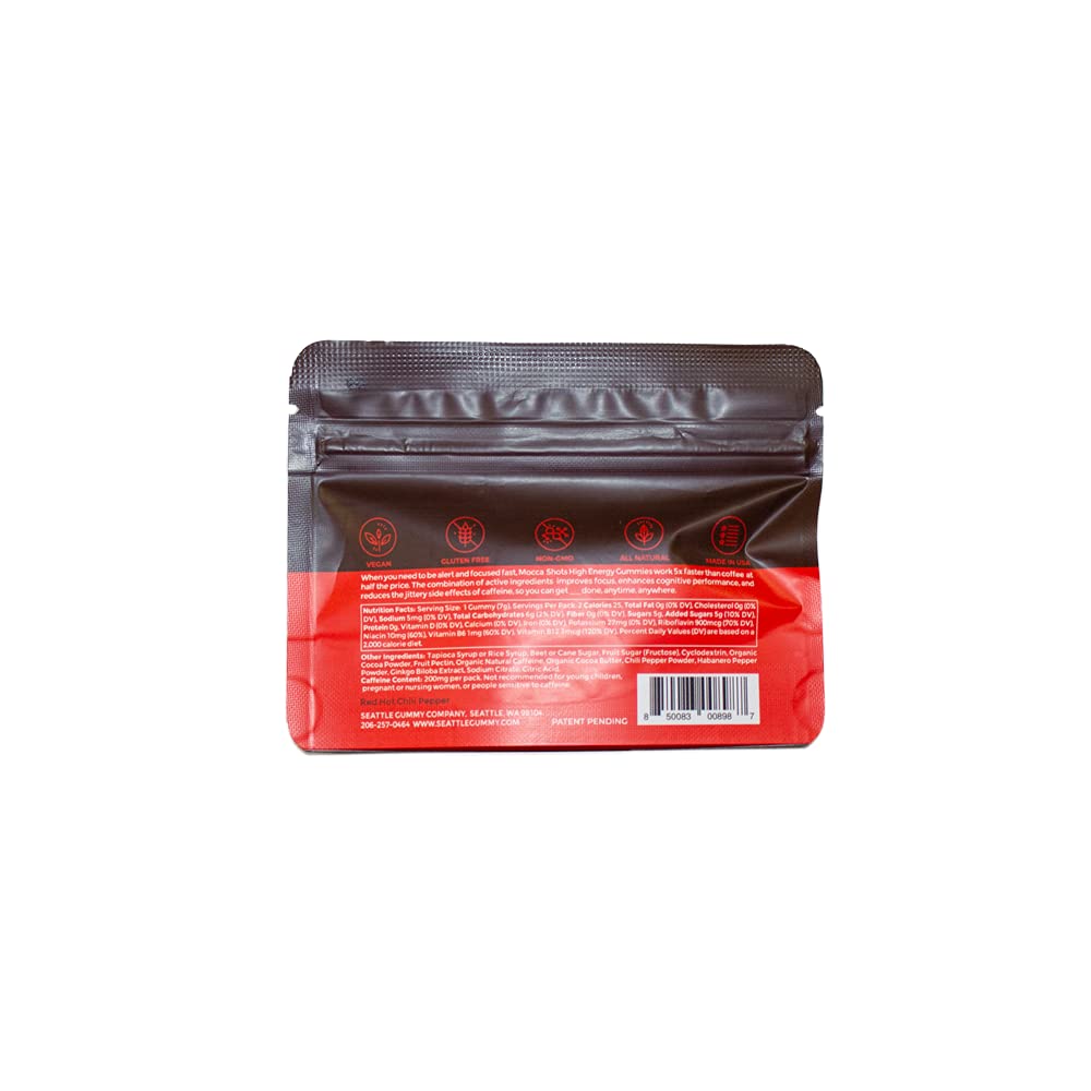 SGC Caffeine Energy Chews 12-Pack - Vegan & Gluten-Free Coffee Energy Gummy with 200mg Caffeine per Pack - Mocca Shots Red Hot Chili Pepper Chocolate