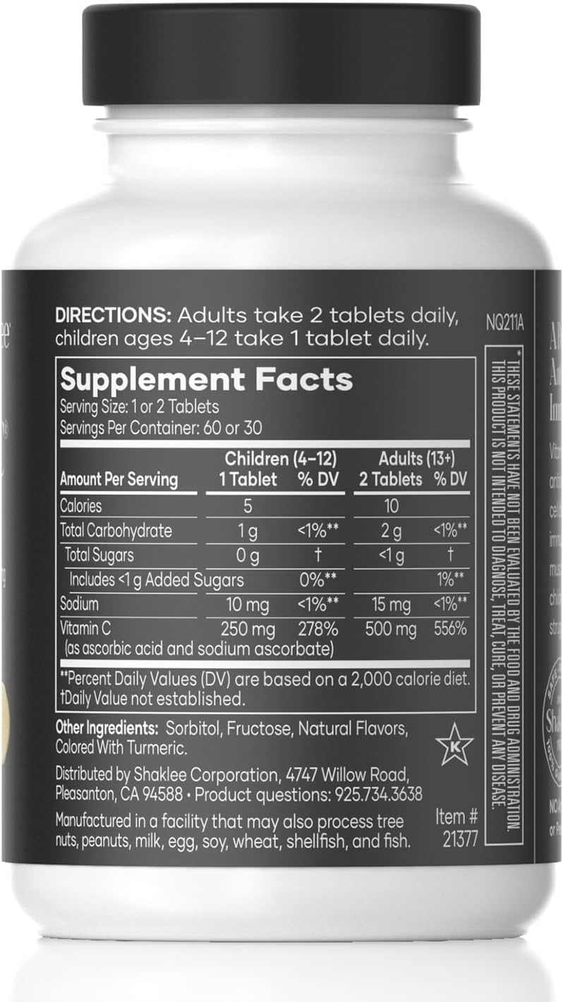 Shaklee Chewable Vitamin C 250mg Tablets - Lemon Flavored for Immune Support - Easy-to-Consume Vitamin C Supplement for Kids and Adults - 60 Tablets
