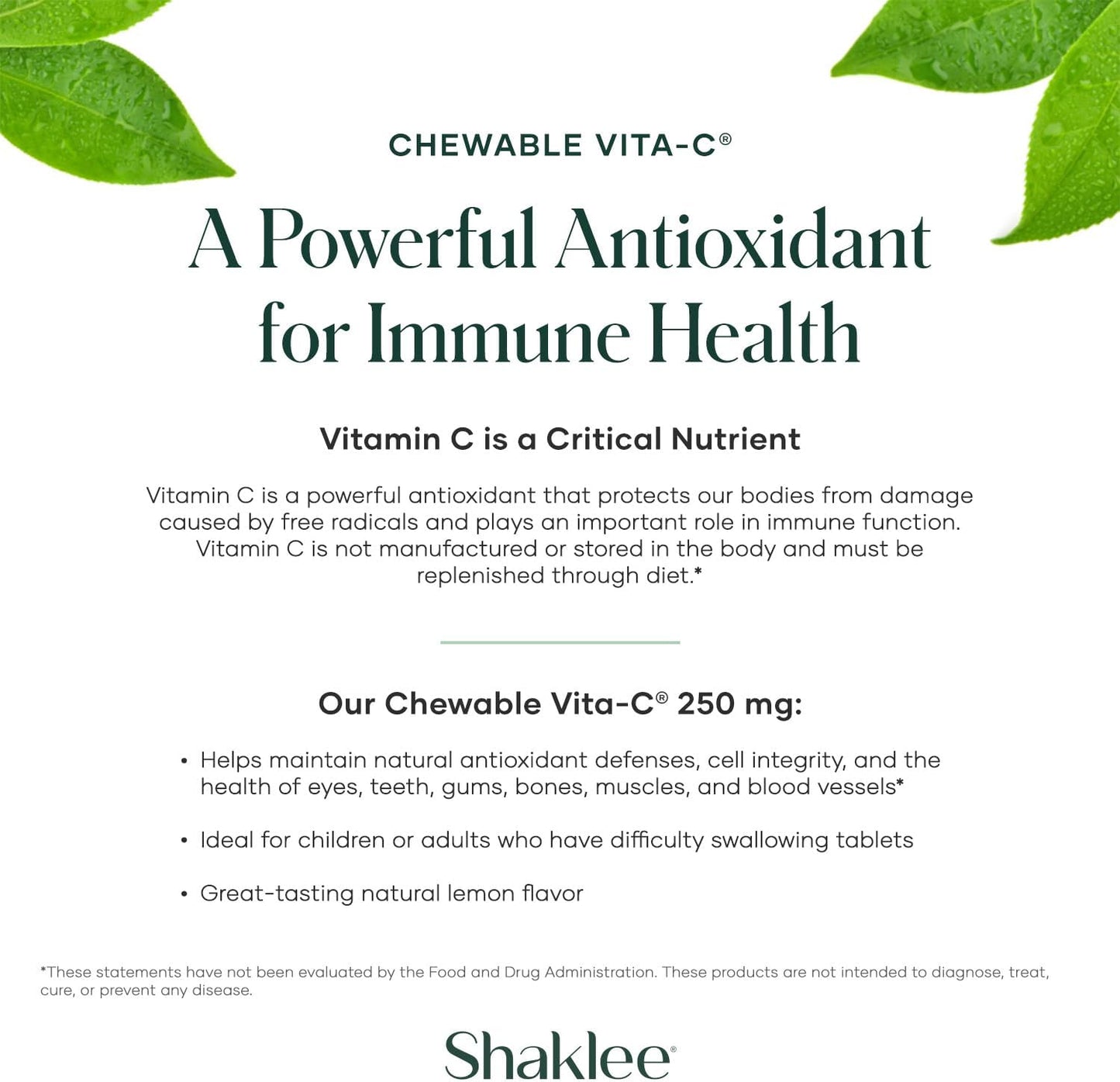 Shaklee Chewable Vitamin C 250mg Tablets - Lemon Flavored for Immune Support - Easy-to-Consume Vitamin C Supplement for Kids and Adults - 60 Tablets
