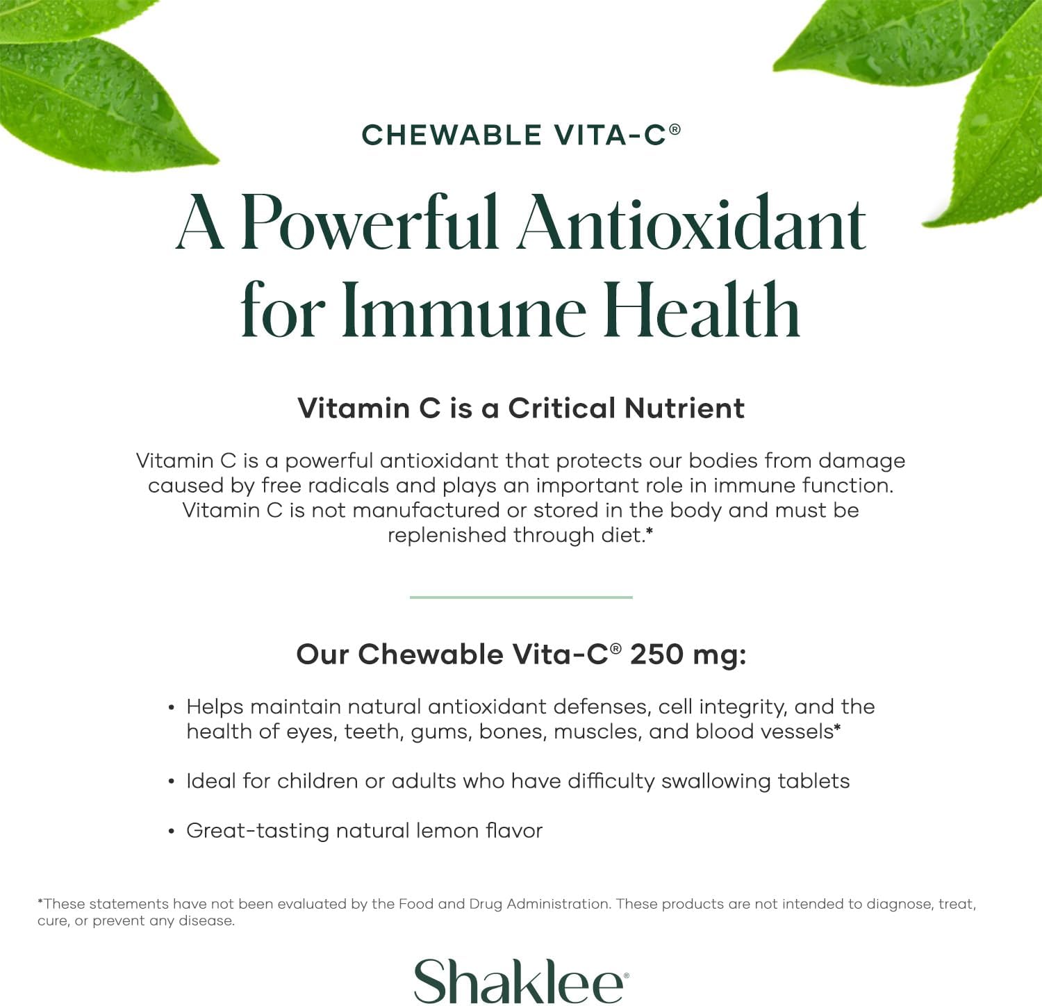 Shaklee Chewable Vitamin C 250mg Tablets - Lemon Flavored for Immune Support - Easy-to-Consume Vitamin C Supplement for Kids and Adults - 60 Tablets