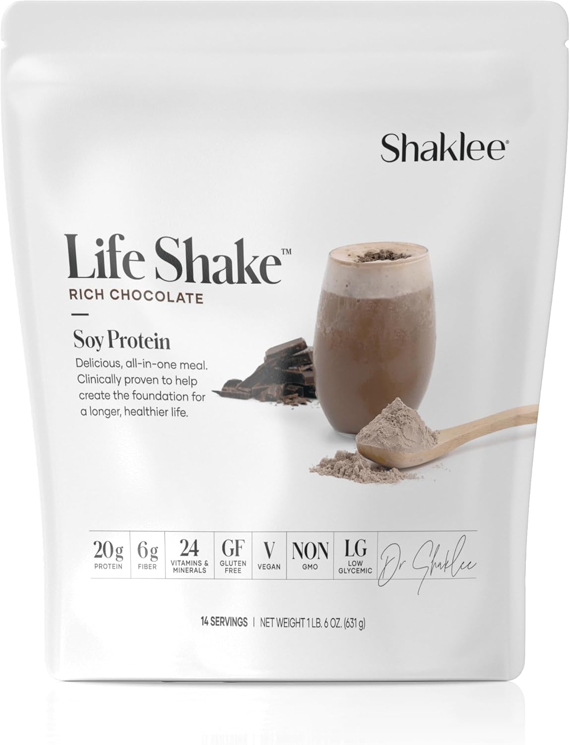 Shaklee Life Shake™ Soy Protein Rich Chocolate - Complete Meal Replacement with 20g Protein, 6g Fiber, 24 Vitamins & Minerals - Non-GMO - 14 Servings