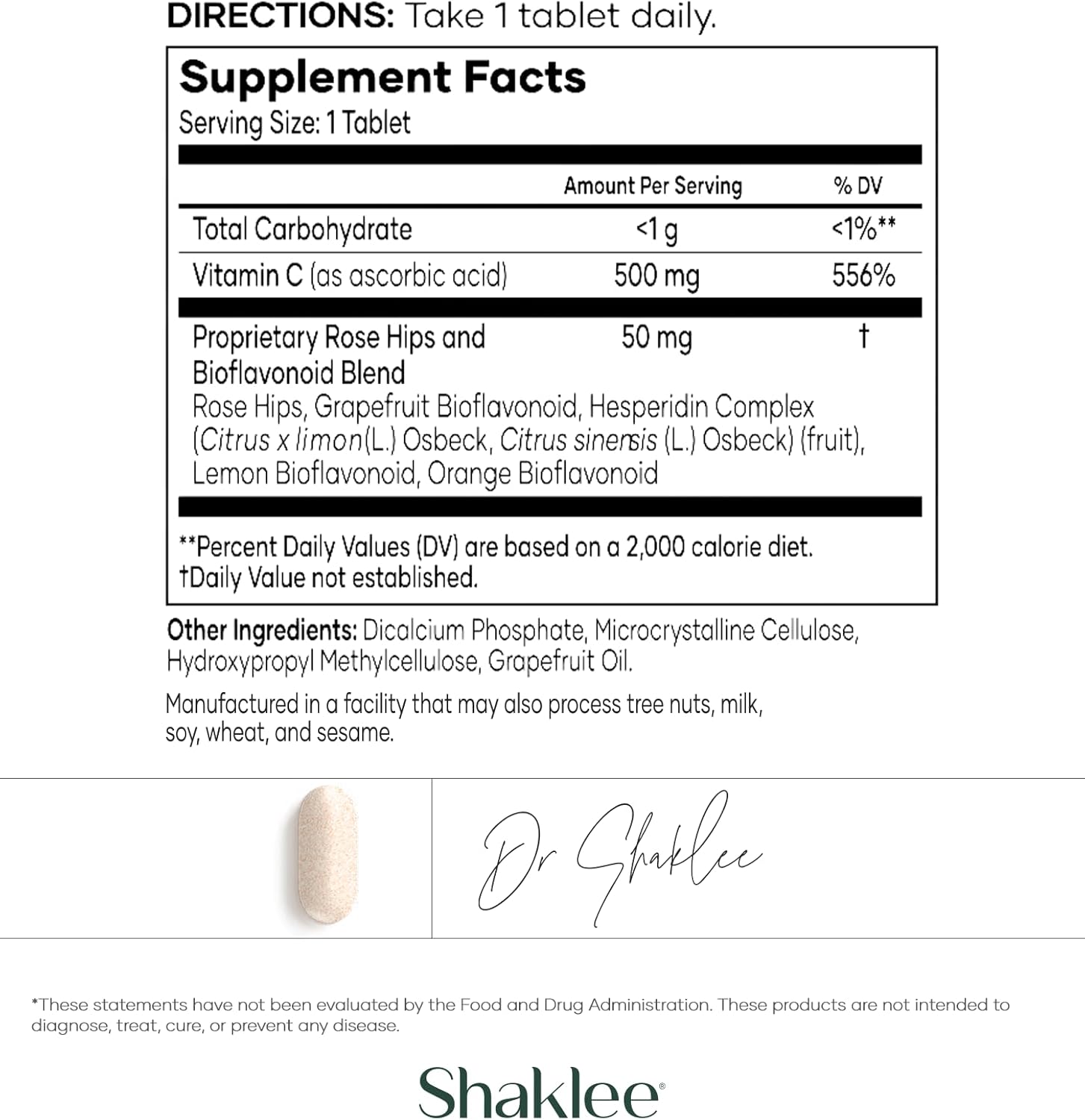 Shaklee Sustained Release Vitamin C 500mg Tablets with Rose Hips and Bioflavonoid Blend - High-Potency Immune Support Formula - 180 Tablets