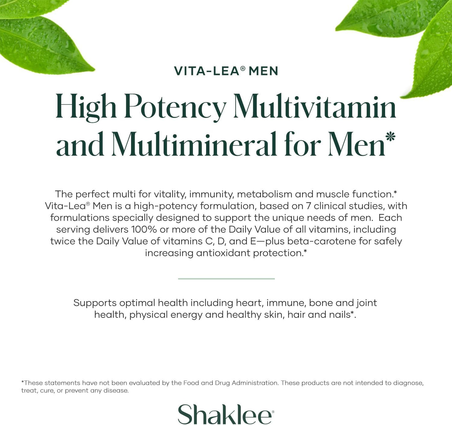 Shaklee Vita-Lea® Men High Potency Multivitamin + Multimineral - Supports Heart, Immune, Bone, Joint Health - Formulated for Men - Includes Vitamin C, D, E - 240 Tablets