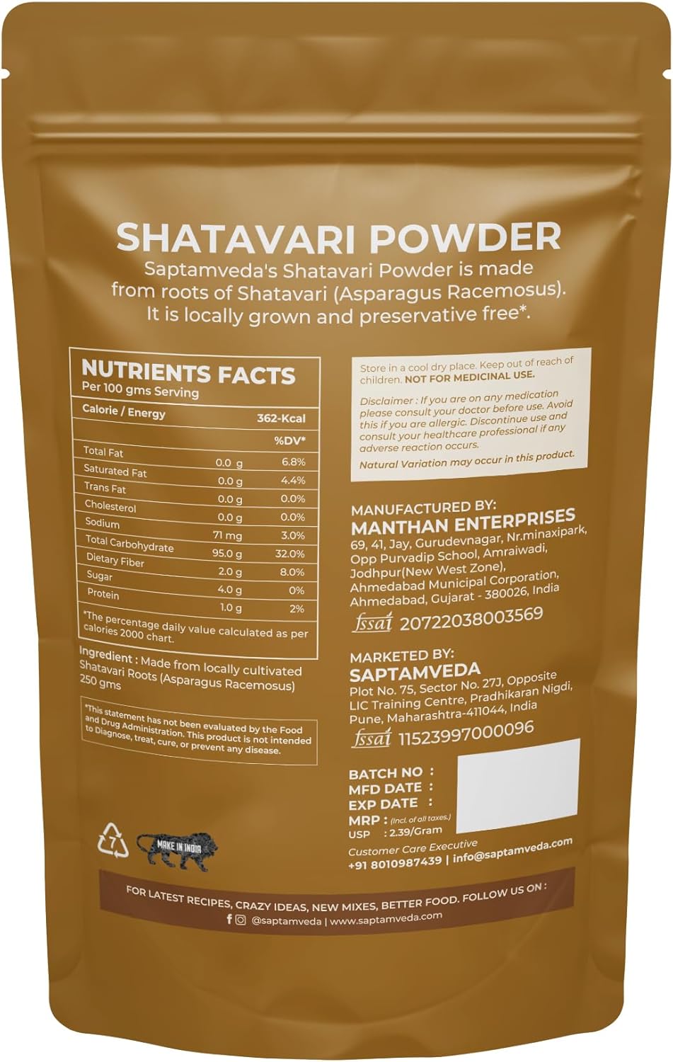 Shatavari Powder 8.81 oz - Pack of 1 - Made from Asparagus racemosus - SAPTAMVEDA