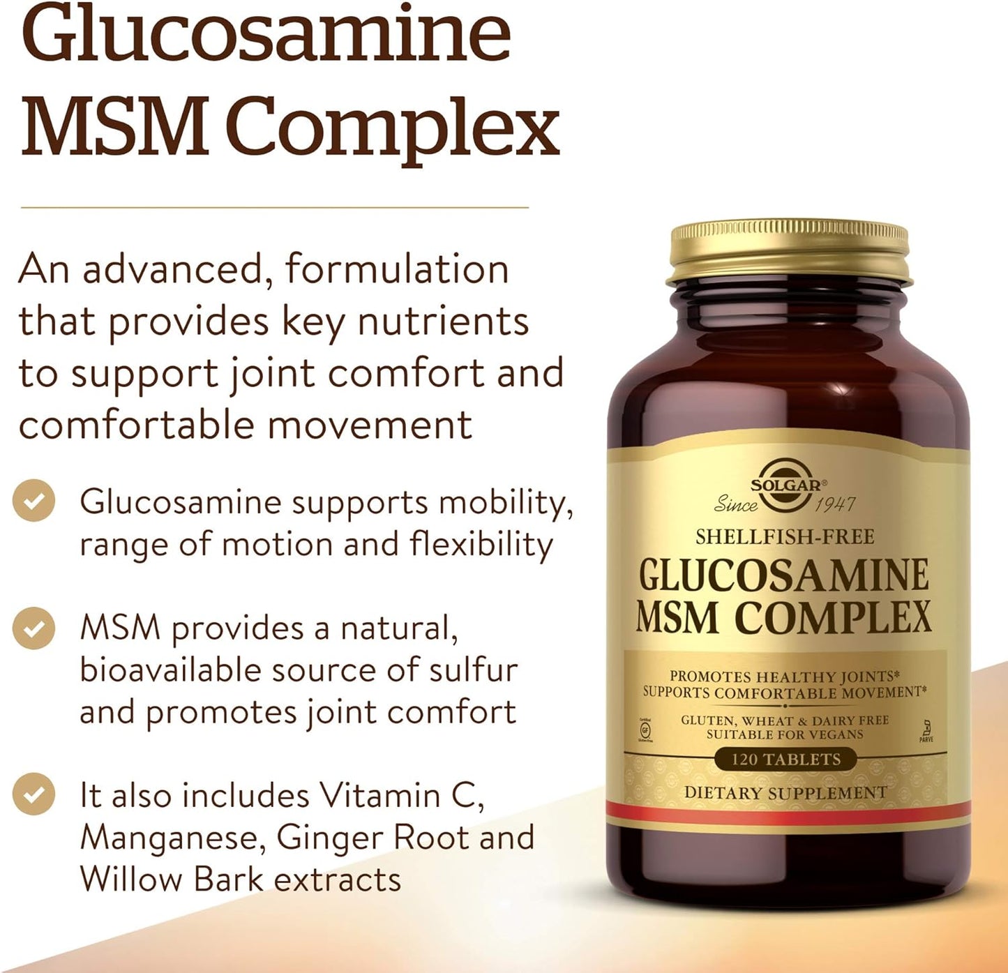 Shellfish-Free Glucosamine MSM Complex by Solgar - 120 Tablets for Healthy Joints, Collagen Support - Gluten-Free, Dairy-Free, Kosher - 40 Servings