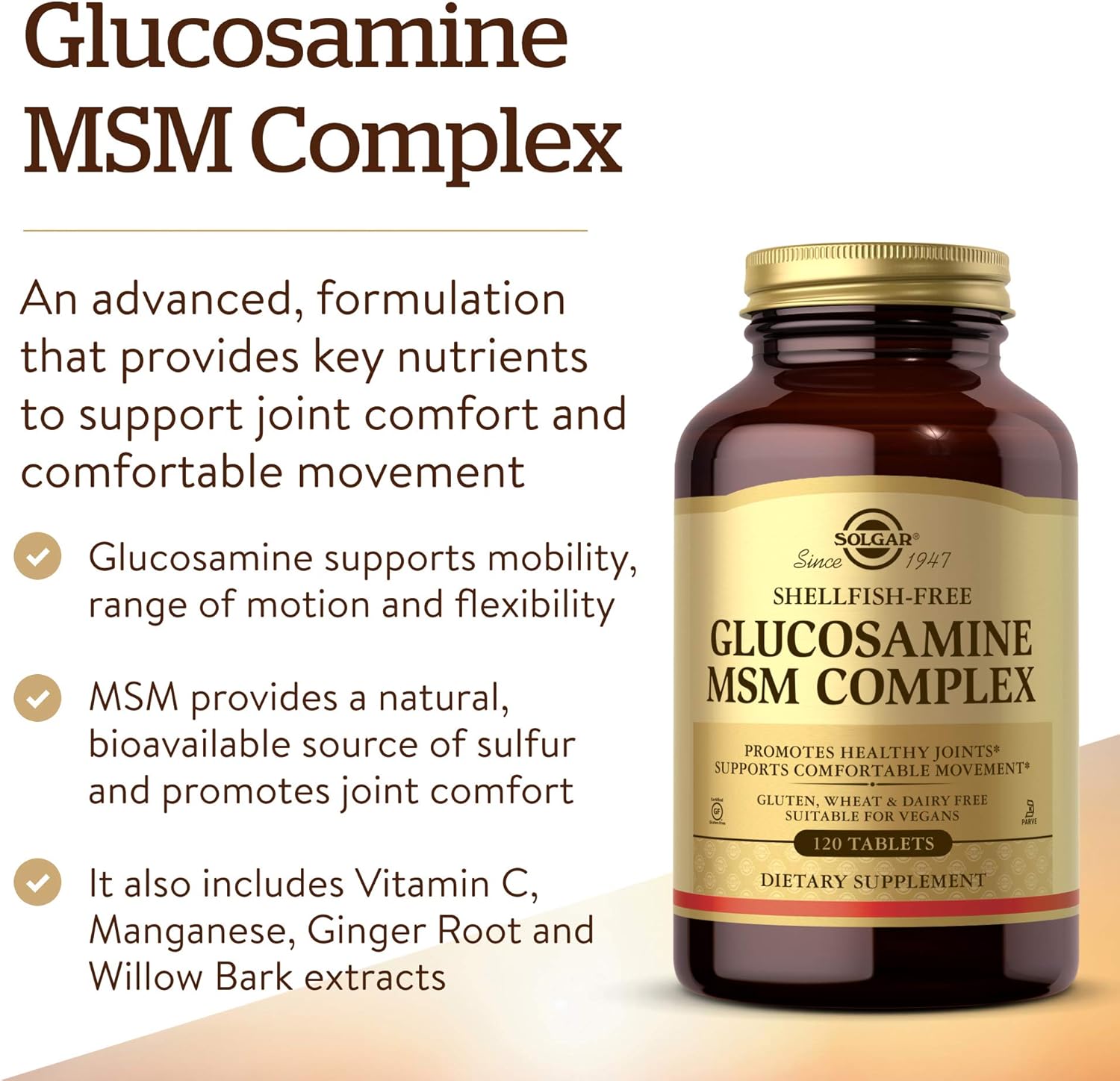 Shellfish-Free Glucosamine MSM Complex by Solgar - 120 Tablets for Healthy Joints, Collagen Support - Gluten-Free, Dairy-Free, Kosher - 40 Servings