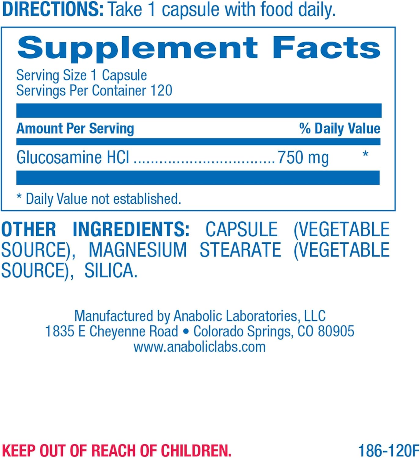 Shellfish-Free Vegetarian Glucosamine HCI Capsules - 120 Capsules for Joint Support - Nutritional Supplement for Women and Men by Anabolic Laboratories