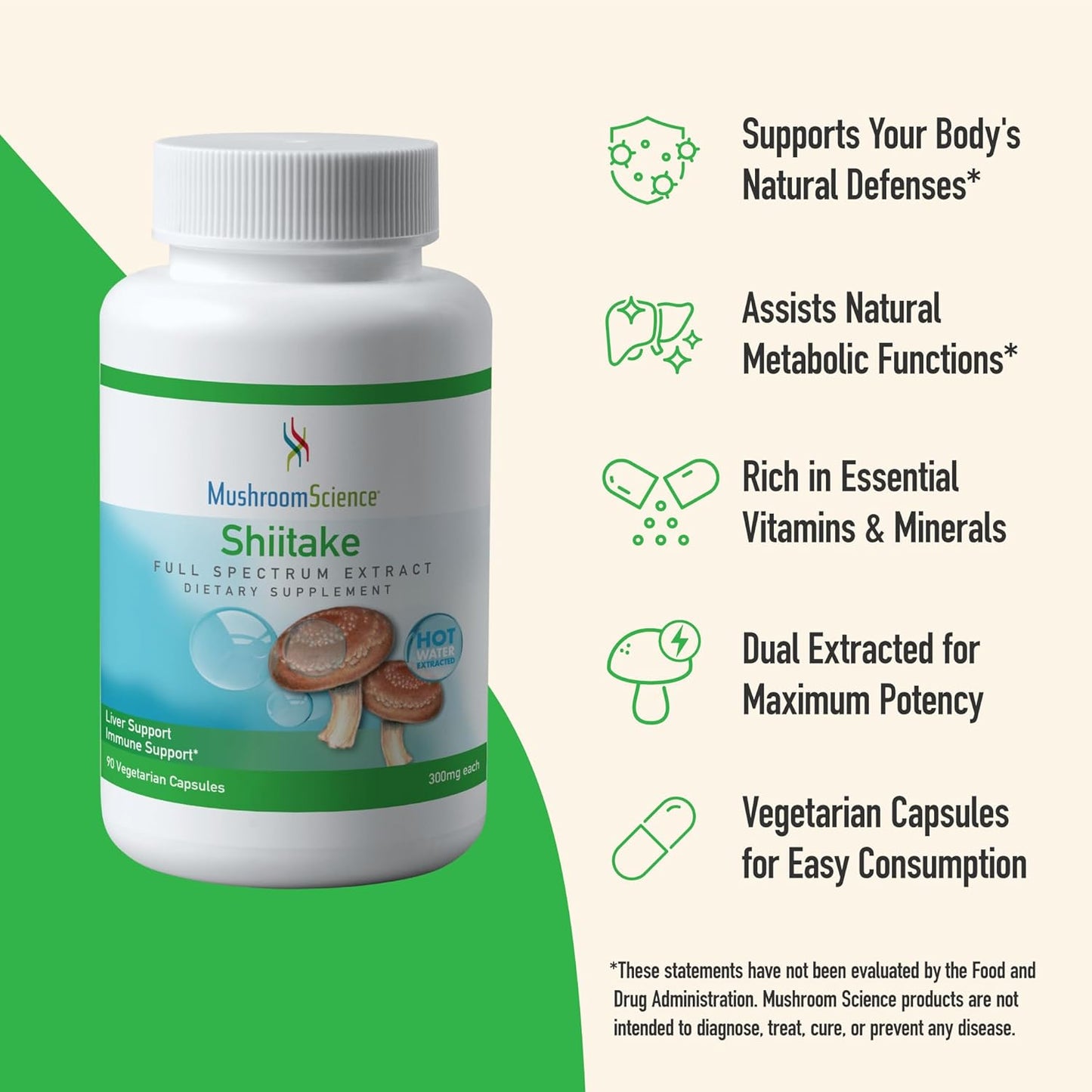 Shiitake Mushroom Capsules - Full Spectrum Extract, Natural Supplement for Adults - Health Defense Support - 300MG, 90 Count - Vegetarian-Friendly