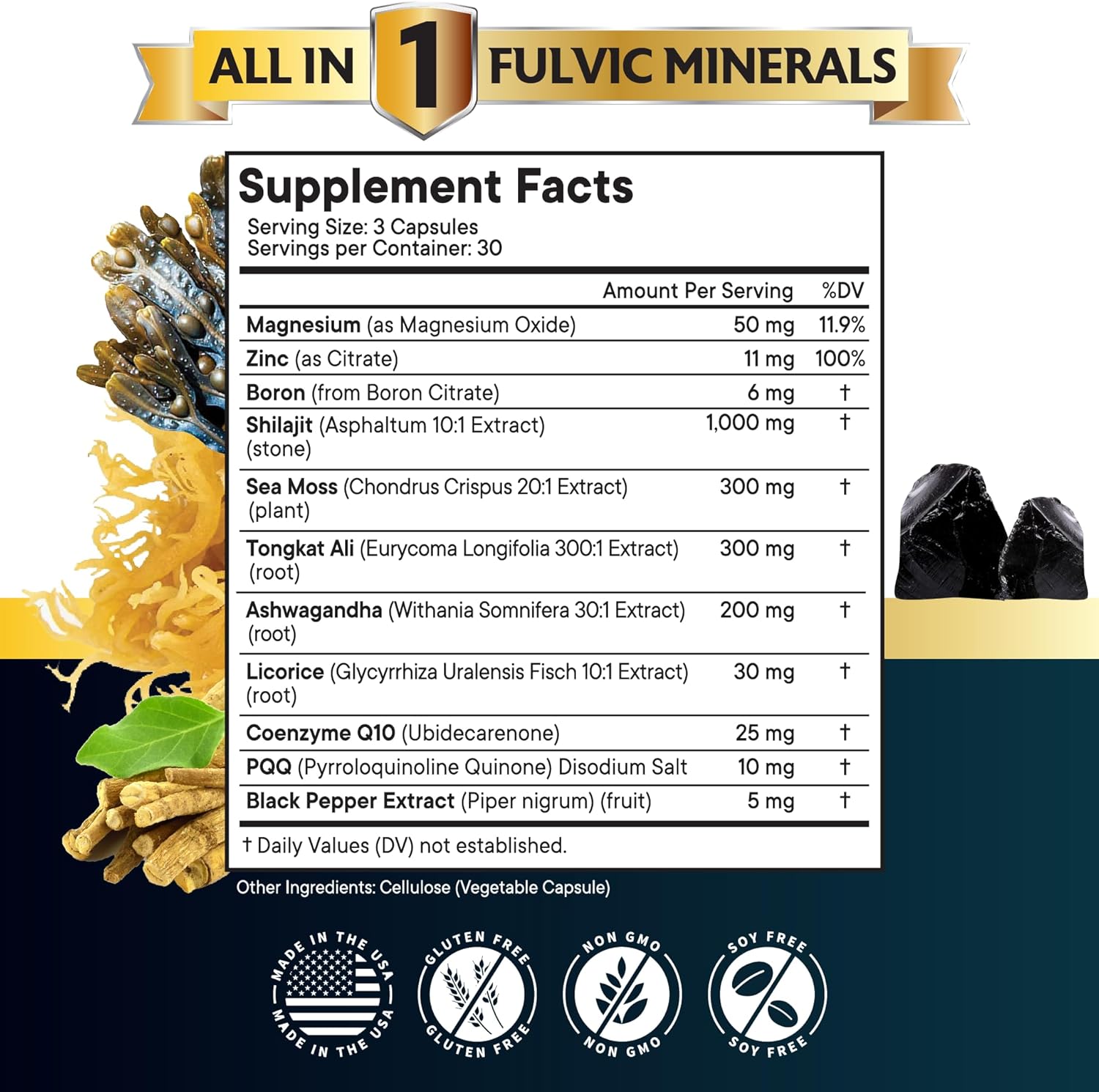 Shilajit Fulvic Acid Capsules with Sea Moss, Ashwagandha, Tongkat Ali, Boron, Magnesium - Men's Supplement - 180 Count (2 Pack)