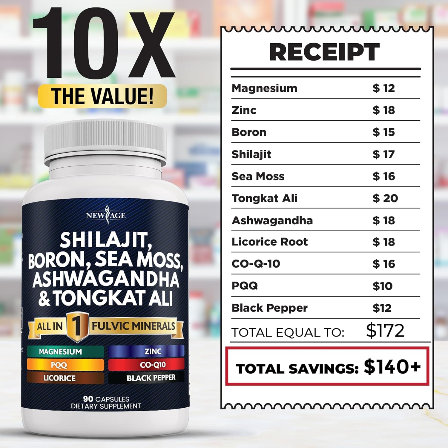 Shilajit Fulvic Acid Capsules with Sea Moss, Ashwagandha, Tongkat Ali, Boron, Magnesium - Men's Supplement - 180 Count (2 Pack)