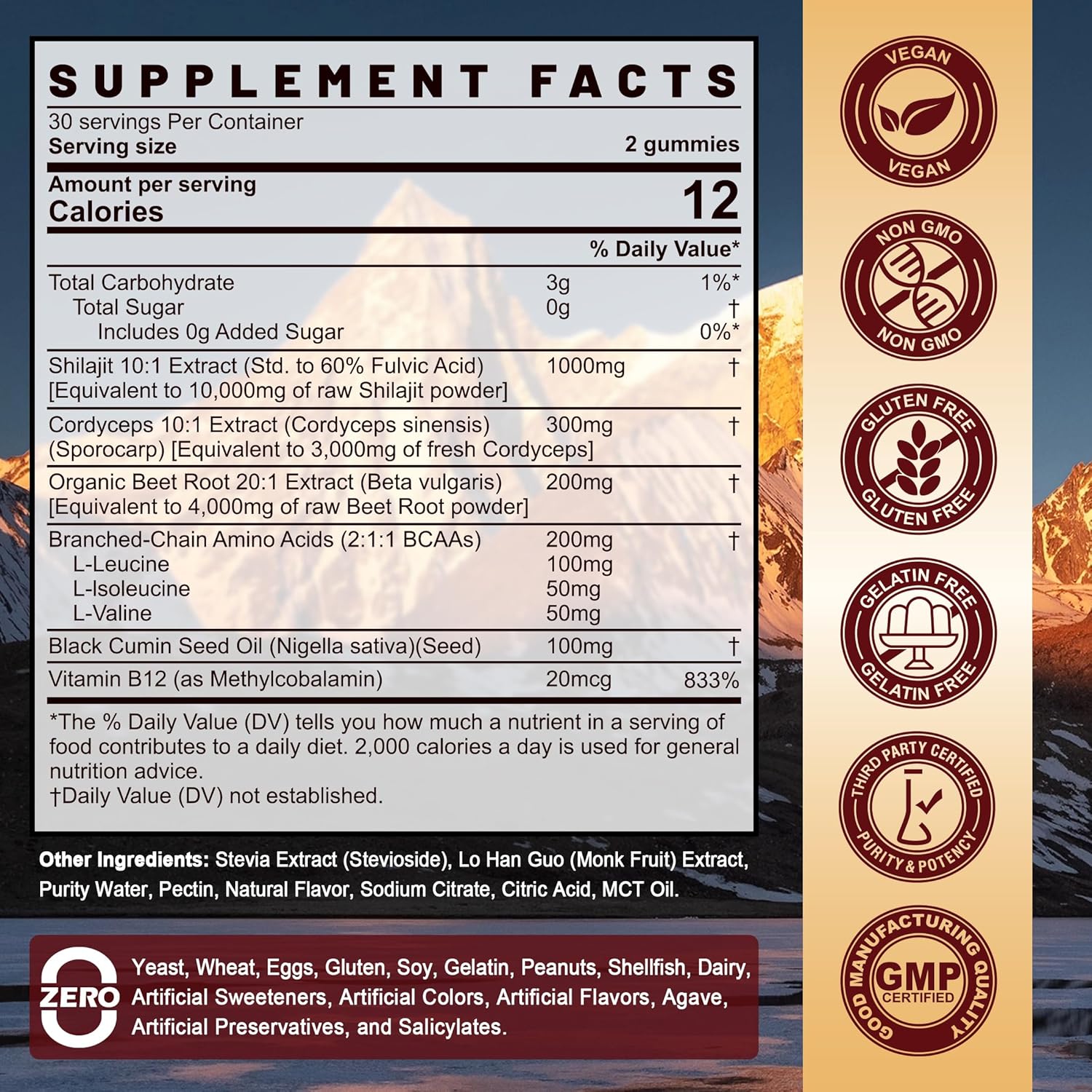 Shilajit Gummies 1000mg with Organic Ingredients for Energy, Muscle, Immune & Brain Health Support - 2-Pack