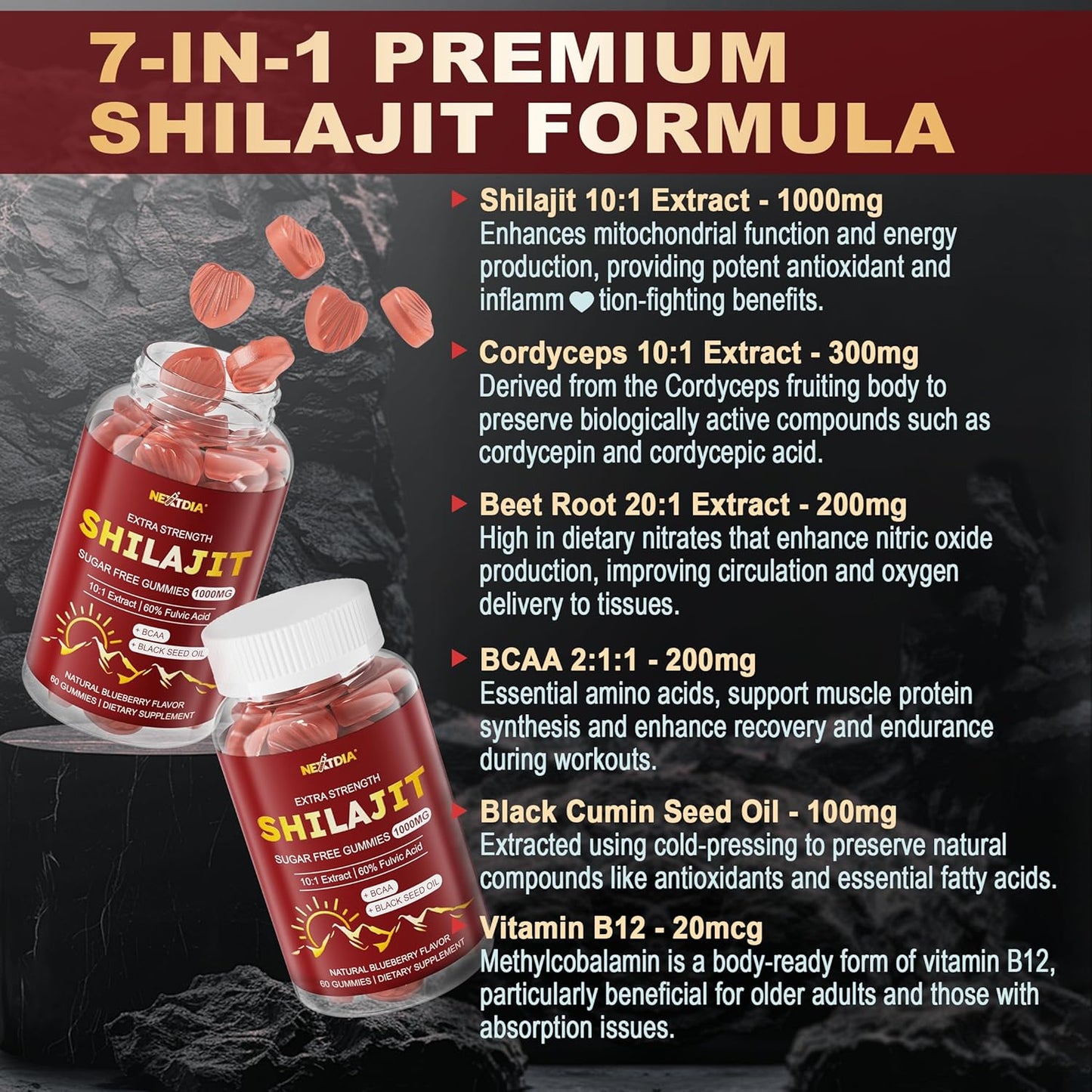 Shilajit Gummies 1000mg with Organic Ingredients for Energy, Muscle, Immune & Brain Health Support - 2-Pack