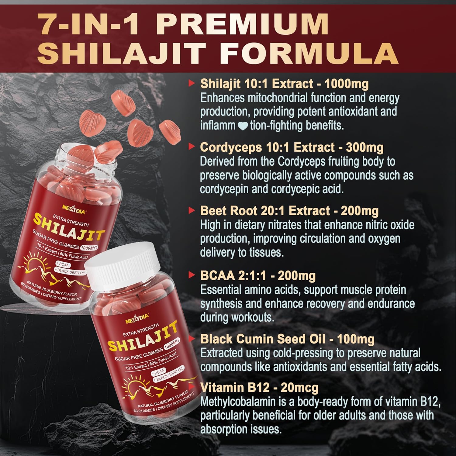 Shilajit Gummies 1000mg with Organic Ingredients for Energy, Muscle, Immune & Brain Health Support - 2-Pack
