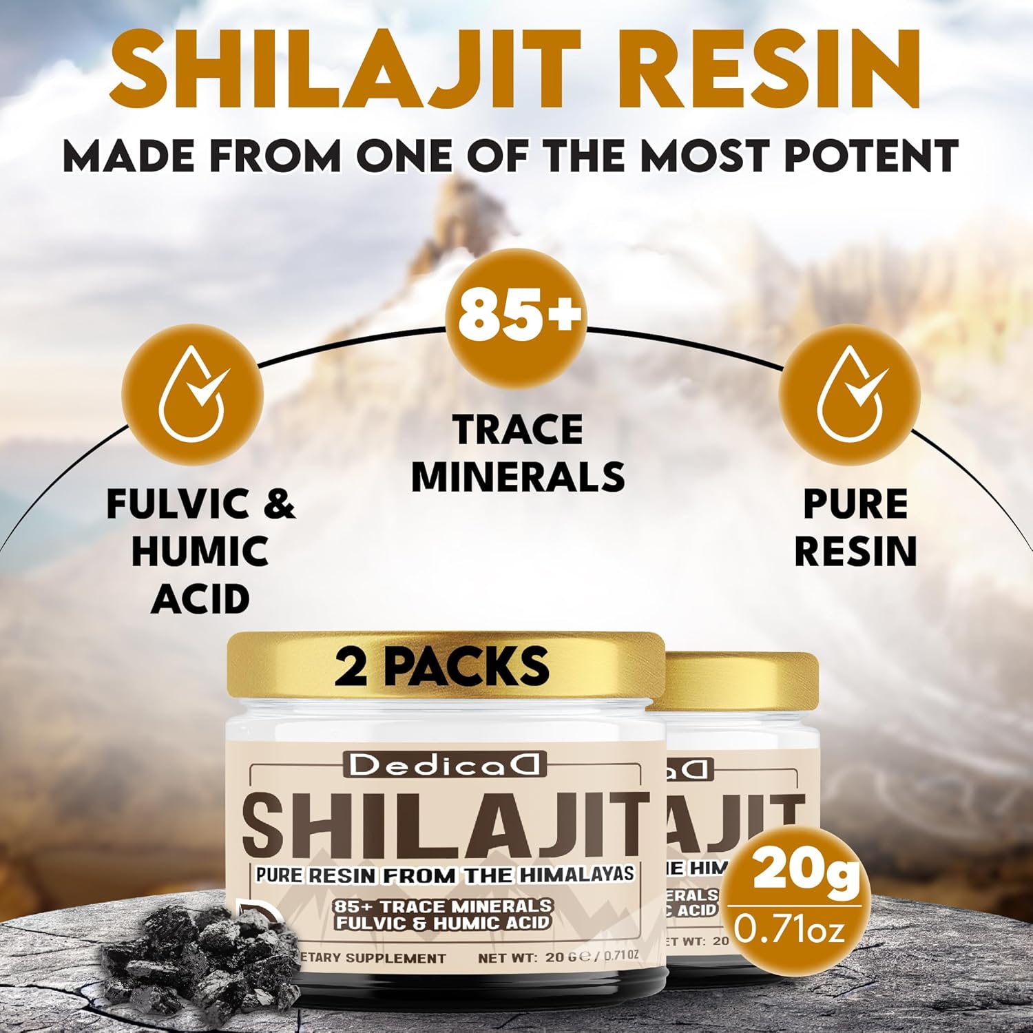 Shilajit Resin Supplement 2 Pack - Pure Himalayan Organic Resin with Fulvic, Humic Acid & 85+ Trace Minerals - Body, Heart, Brain, Immune Support