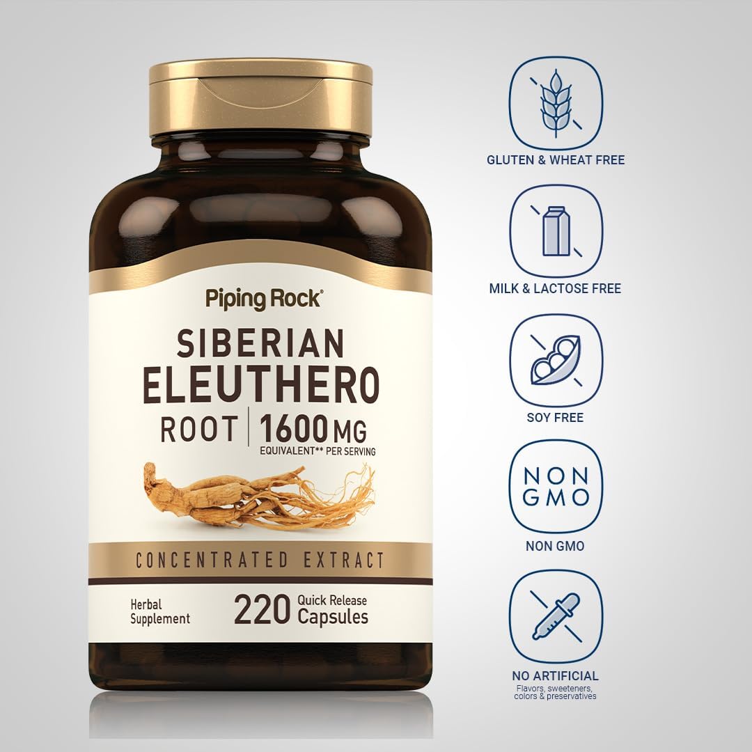 Siberian Eleuthero Root Capsules 1600mg - 220 Count - Herbal Extract Supplement - Non-GMO, Gluten Free