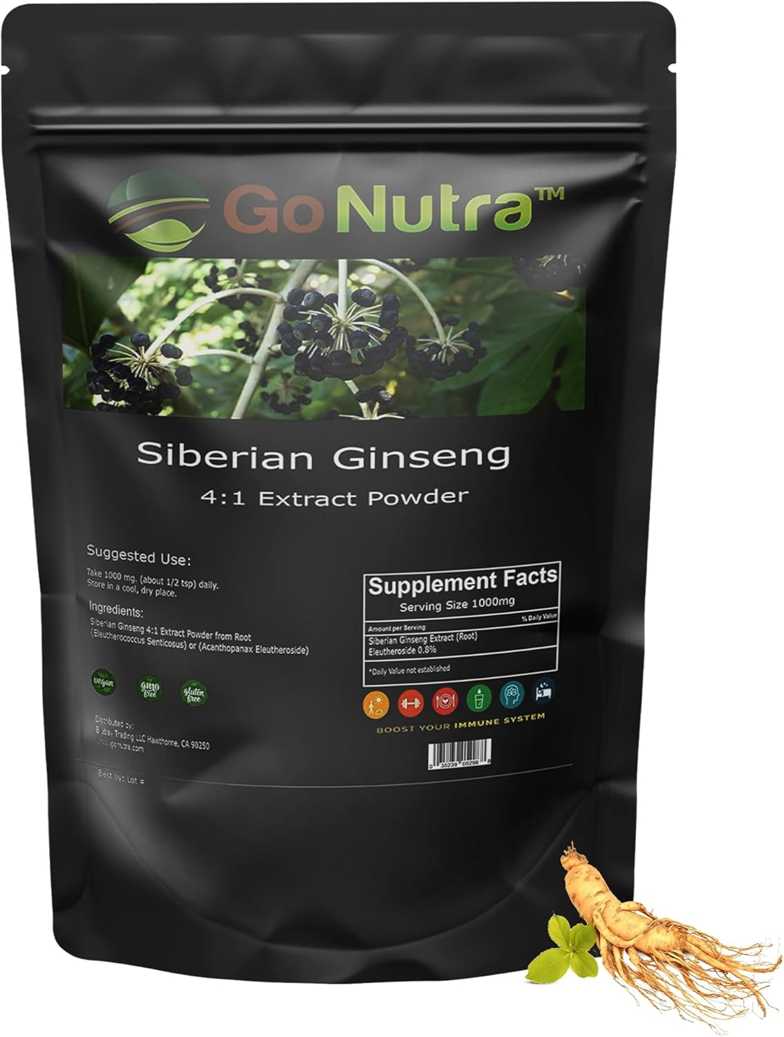 Siberian Ginseng Powder 4:1 Extract - 4x Strength, Non-GMO, 1lb (16 oz) - Eleuthero Root
