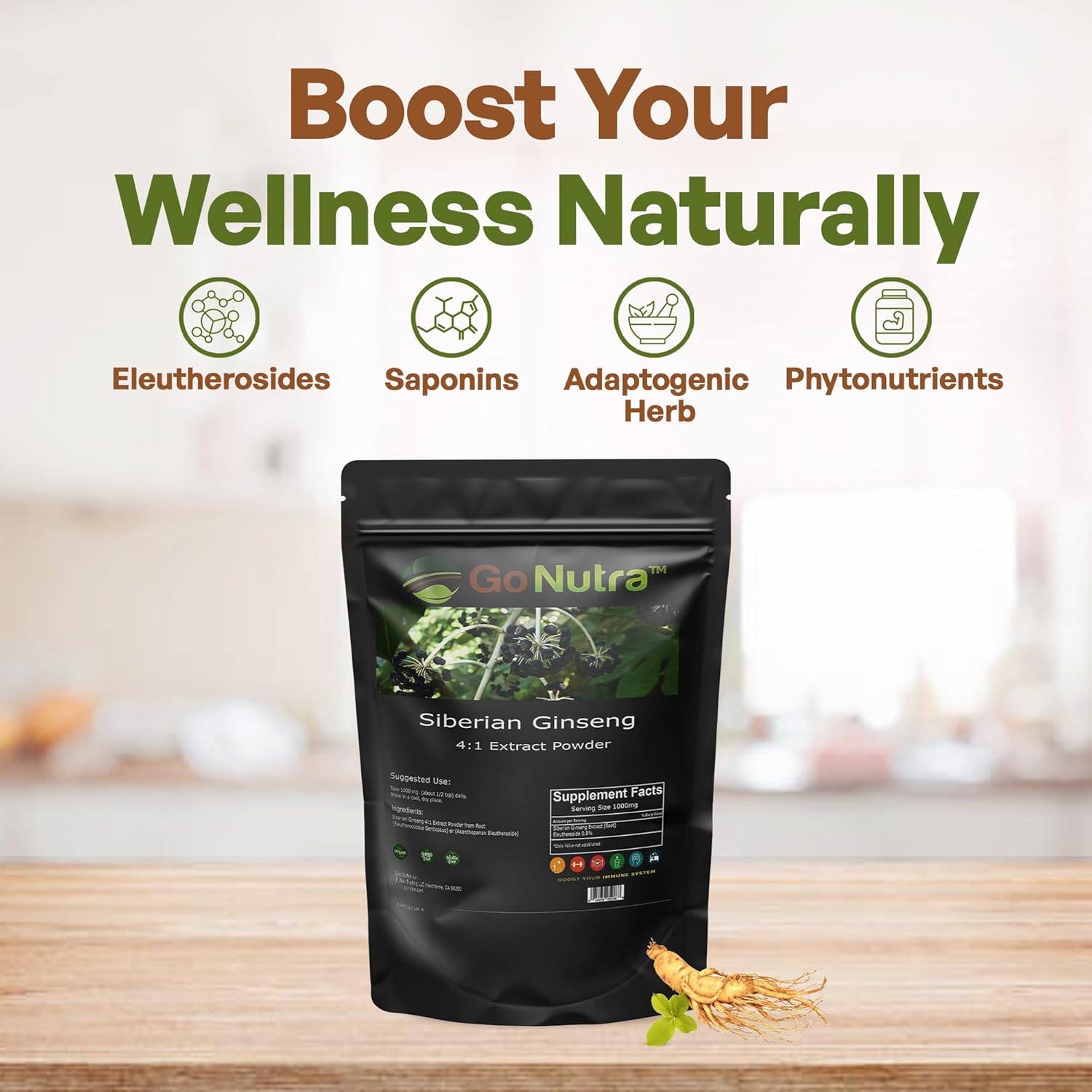 Siberian Ginseng Powder 4:1 Extract - 4x Strength, Non-GMO, 1lb (16 oz) - Eleuthero Root