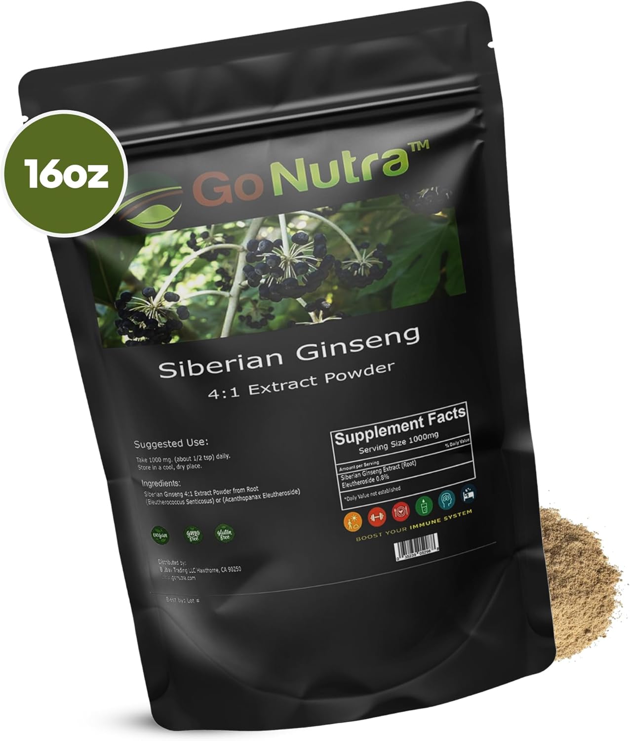 Siberian Ginseng Powder 4:1 Extract - 4x Strength, Non-GMO, 1lb (16 oz) - Eleuthero Root