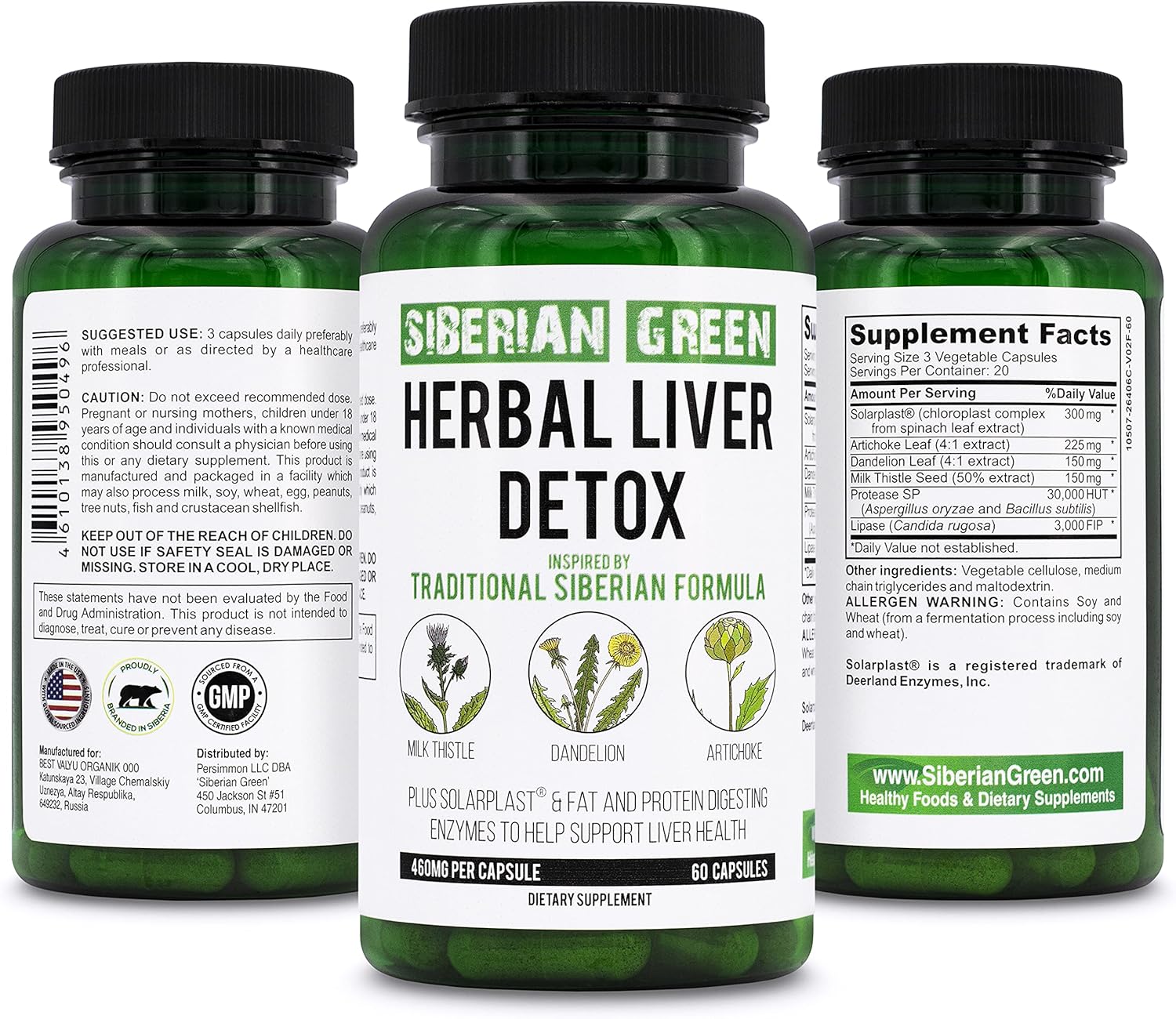 Siberian Green Herbal Liver Detox Capsules with Milk Thistle, Artichoke, Dandelion & Enzymes - 60 Count - Supports Liver Health