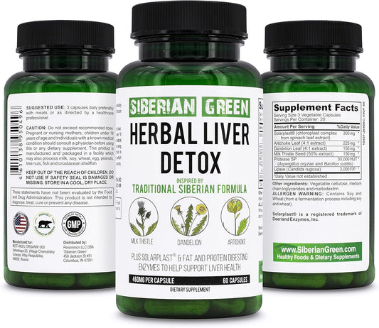Siberian Green Herbal Liver Detox Capsules with Milk Thistle, Artichoke, Dandelion & Enzymes - 60 Count - Supports Liver Health