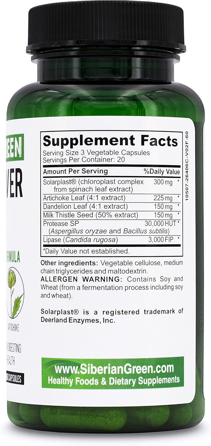 Siberian Green Herbal Liver Detox Capsules with Milk Thistle, Artichoke, Dandelion & Enzymes - 60 Count - Supports Liver Health