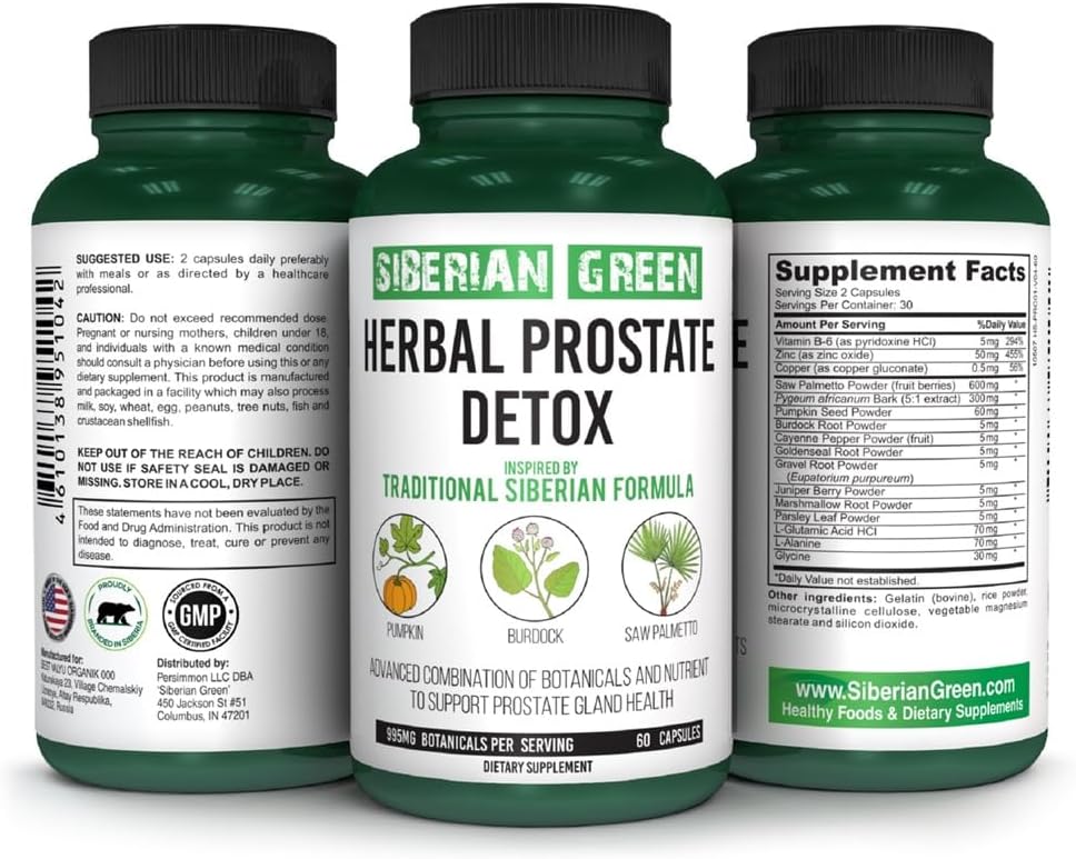 Siberian Green Herbal Prostate Detox Capsules with Saw Palmetto, Burdock, and Pumpkin - Traditional Formula for Prostate Health