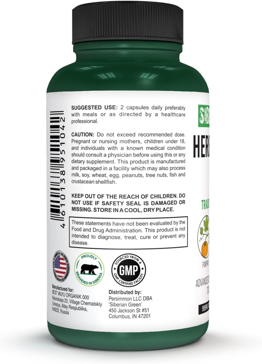 Siberian Green Herbal Prostate Detox Capsules with Saw Palmetto, Burdock, and Pumpkin - Traditional Formula for Prostate Health