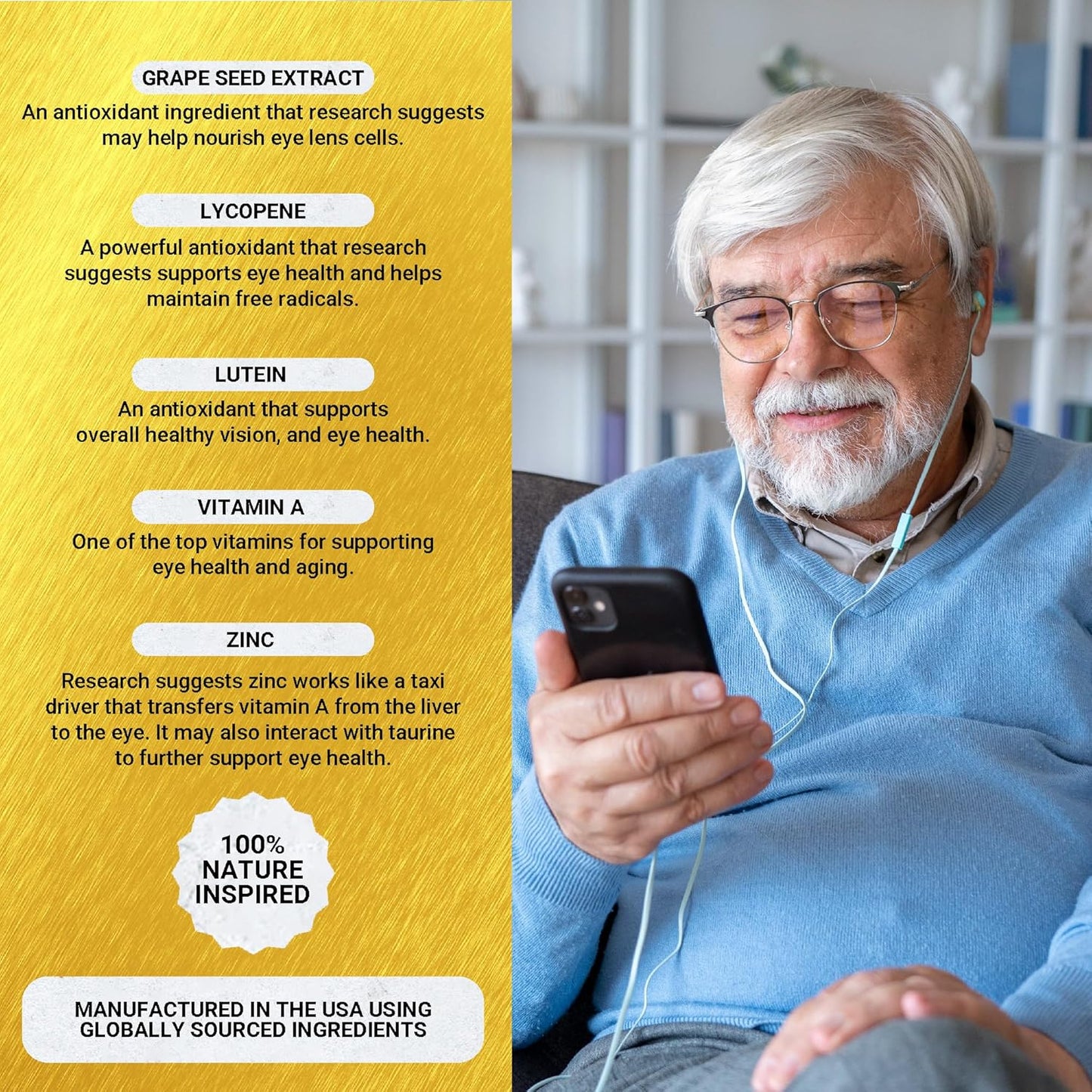 Sight Care Supplement with Eye Vitamins, Lutein, Lycopene, and Bilberry Extract - Golden After 50 VpMax-9 - 60 Capsules