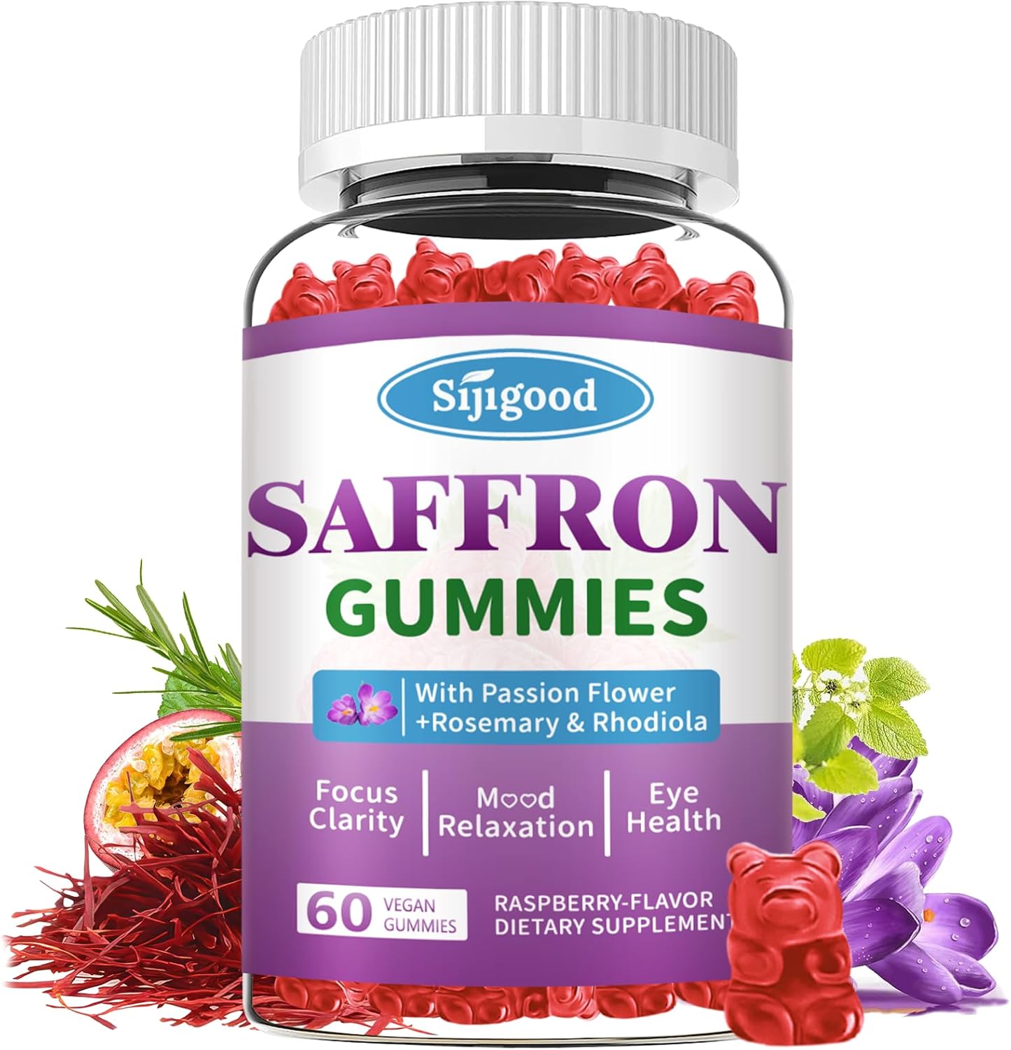Sijigood Saffron Gummies - Relaxation & Focus Supplement with Passion Flower, Magnesium, Vitamins - 60 Count Raspberry Flavor for Men, Women, Kids