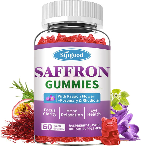 Sijigood Saffron Gummies - Relaxation & Focus Supplement with Passion Flower, Magnesium, Vitamins - 60 Count Raspberry Flavor for Men, Women, Kids
