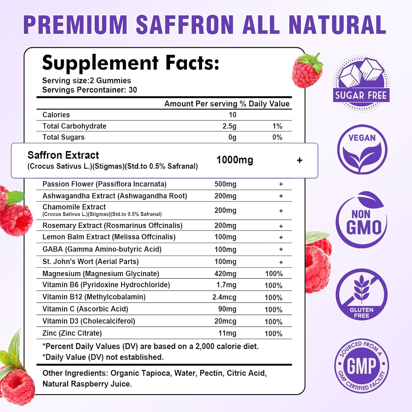 Sijigood Saffron Gummies - Relaxation & Focus Supplement with Passion Flower, Magnesium, Vitamins - 60 Count Raspberry Flavor for Men, Women, Kids