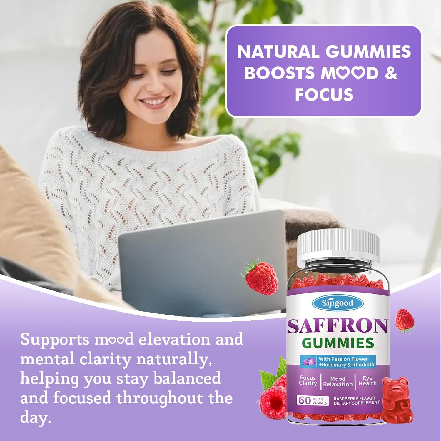 Sijigood Saffron Gummies - Relaxation & Focus Supplement with Passion Flower, Magnesium, Vitamins - 60 Count Raspberry Flavor for Men, Women, Kids