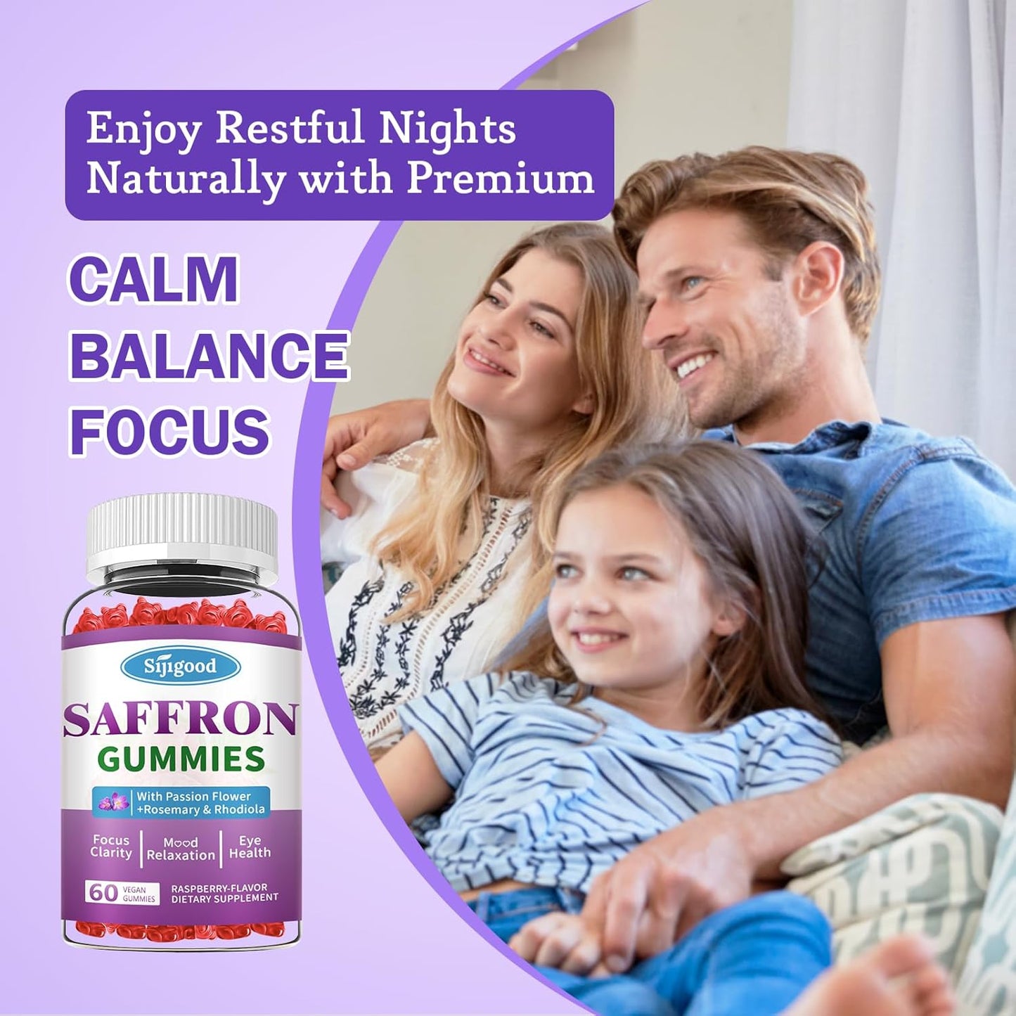 Sijigood Saffron Gummies - Relaxation & Focus Supplement with Passion Flower, Magnesium, Vitamins - 60 Count Raspberry Flavor for Men, Women, Kids