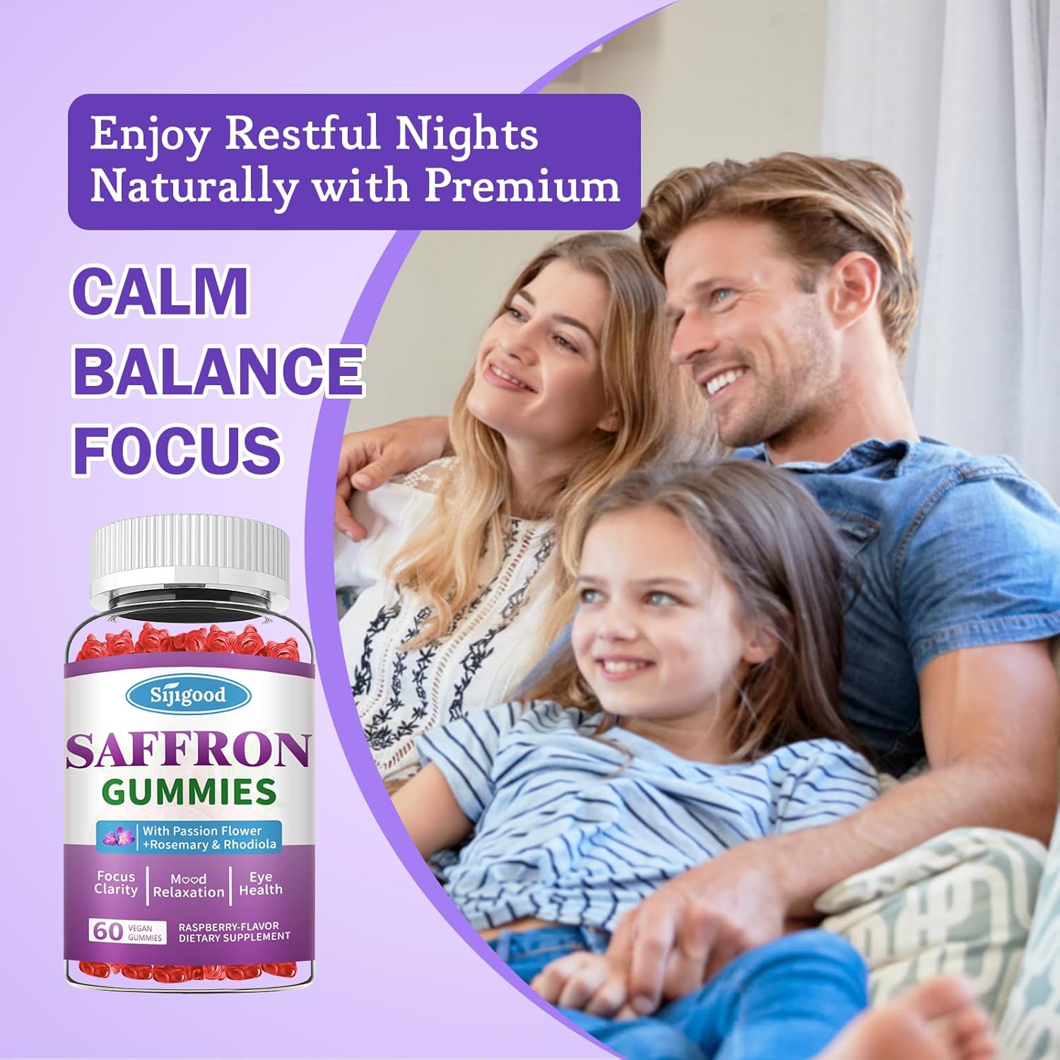 Sijigood Saffron Gummies - Relaxation & Focus Supplement with Passion Flower, Magnesium, Vitamins - 60 Count Raspberry Flavor for Men, Women, Kids