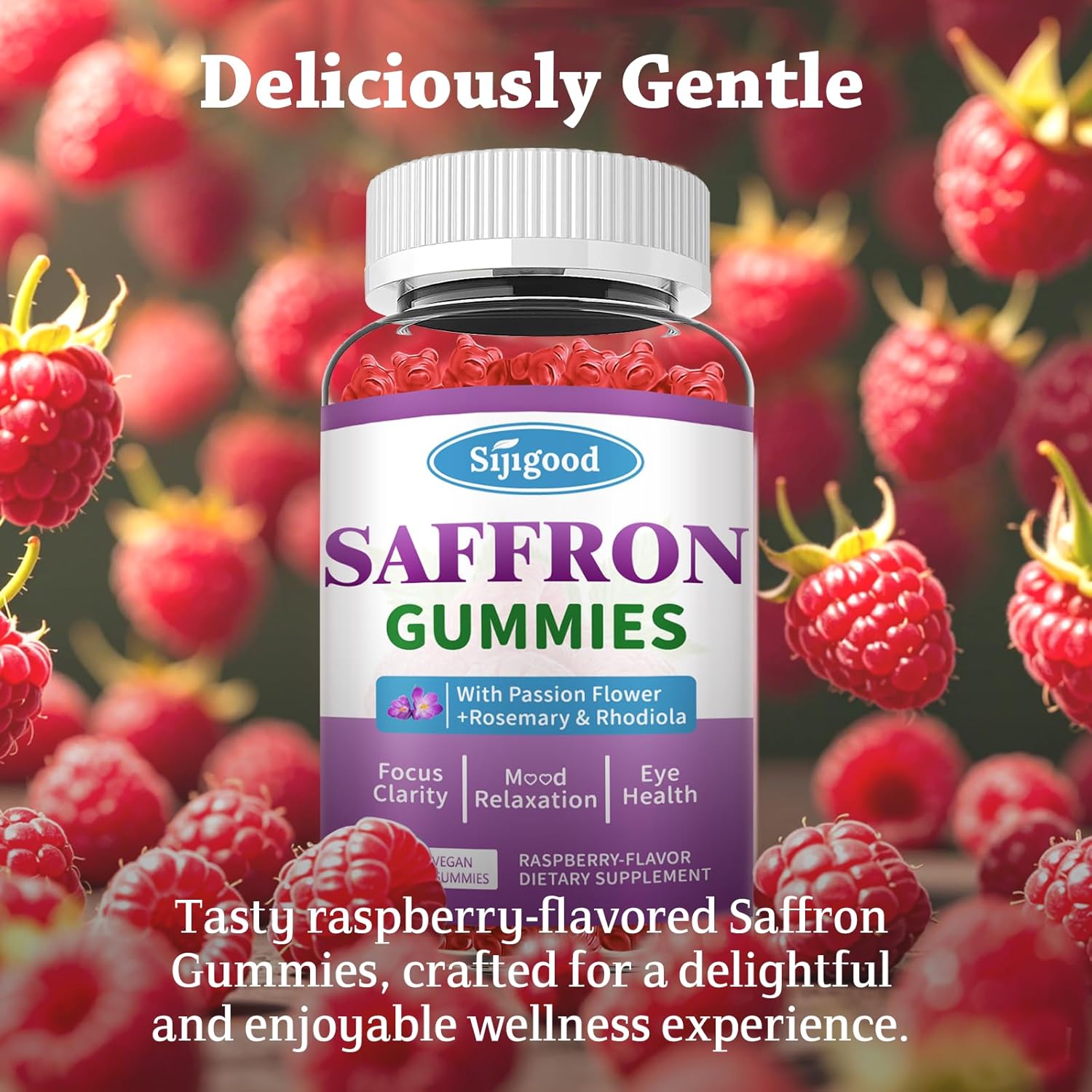 Sijigood Saffron Gummies - Relaxation & Focus Supplement with Passion Flower, Magnesium, Vitamins - 60 Count Raspberry Flavor for Men, Women, Kids
