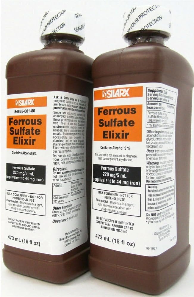 Silarx Ferrous Sulfate Elixir 220mg/5mL 16oz Bottle - Pack of 2