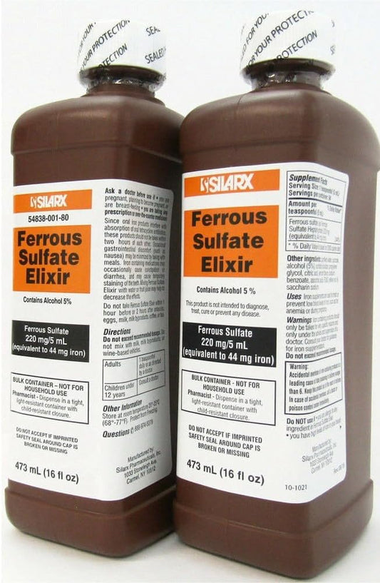 Silarx Ferrous Sulfate Elixir 220mg/5mL 16oz Bottle - Pack of 2