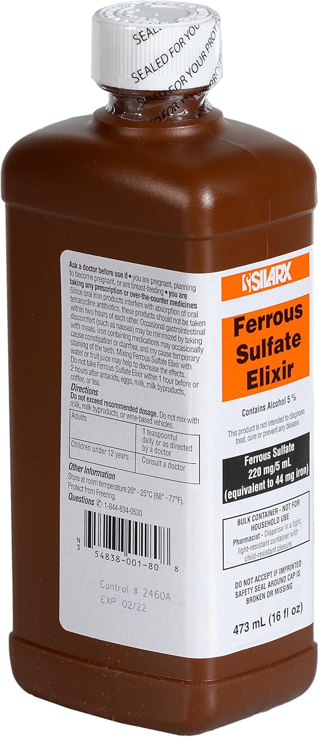 Silarx Ferrous Sulfate Elixir 220mg/5mL 16oz Bottle - Pack of 2