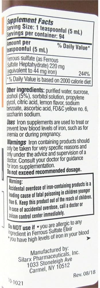 Silarx Ferrous Sulfate Elixir 220mg/5mL 16oz Bottle - Pack of 2