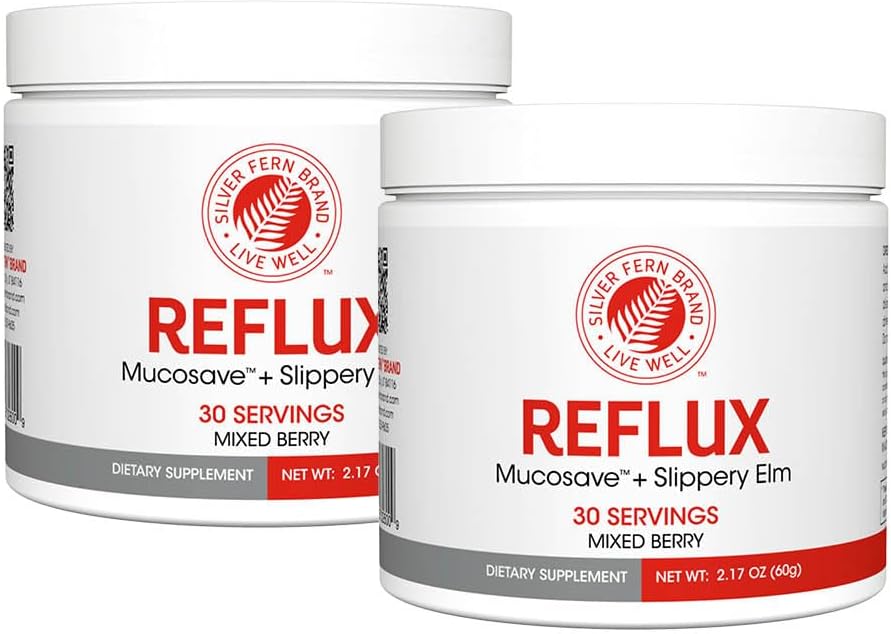 Silver Fern Reflux Digestive Supplement - 60 Servings - Mucosal Support for Acid Issues - Mucosave FG & Slippery Elm Bark - 2 Tubs