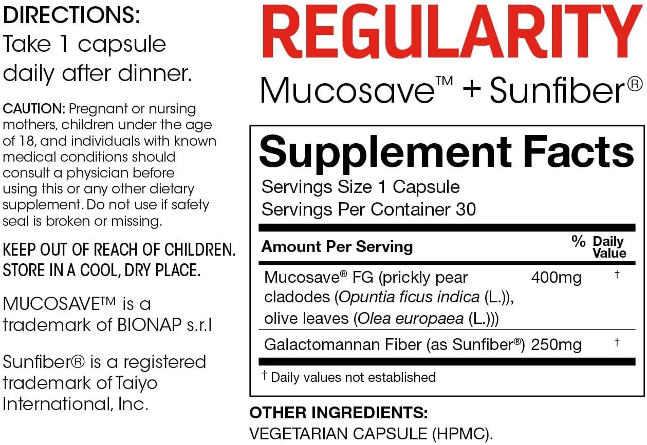 Silver Fern Regularity Digestive Supplement Capsules - 30 Day Supply with Mucosave FG & SunFiber