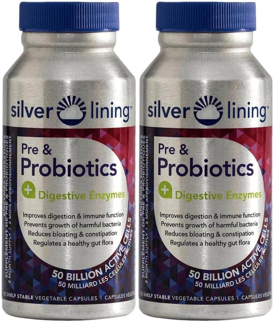 Silver Lining Pre & Probiotics with Digestive Enzymes - 50 Billion CFU - Supports Digestive & Immune Health - Reduces Bloating - 240 Count (2 Pack)