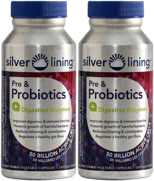 Silver Lining Pre & Probiotics with Digestive Enzymes - 50 Billion CFU - Supports Digestive & Immune Health - Reduces Bloating - 240 Count (2 Pack)