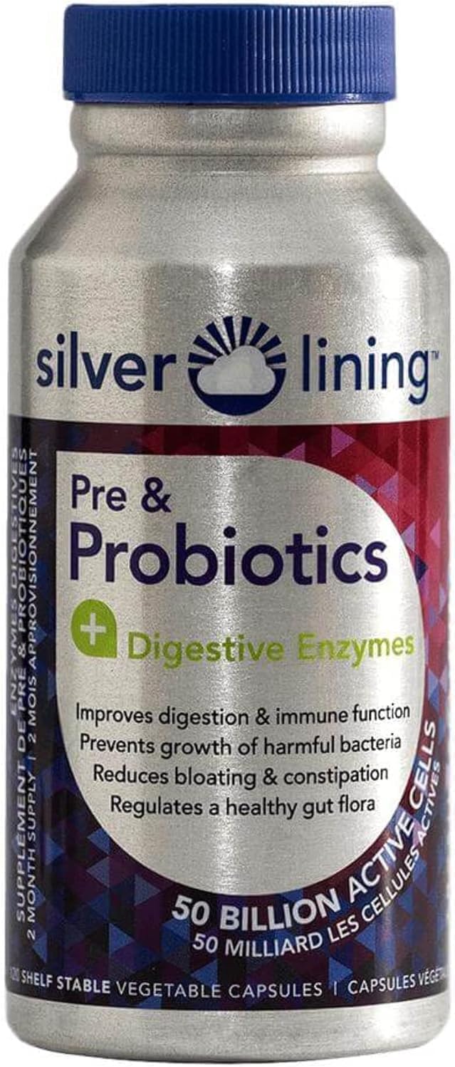 Silver Lining Pre & Probiotics with Digestive Enzymes - 50 Billion CFU - Supports Digestive & Immune Health - Reduces Bloating - 240 Count (2 Pack)