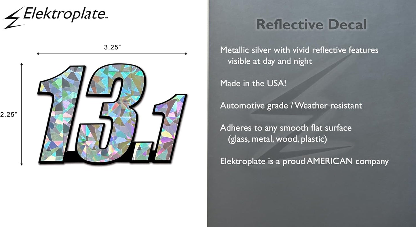 Silver Reflective Elektroplate 13.1 Half Marathon Decal Sticker - Universal Fit, Weatherproof, Automotive Grade, 2.25" x 3.25